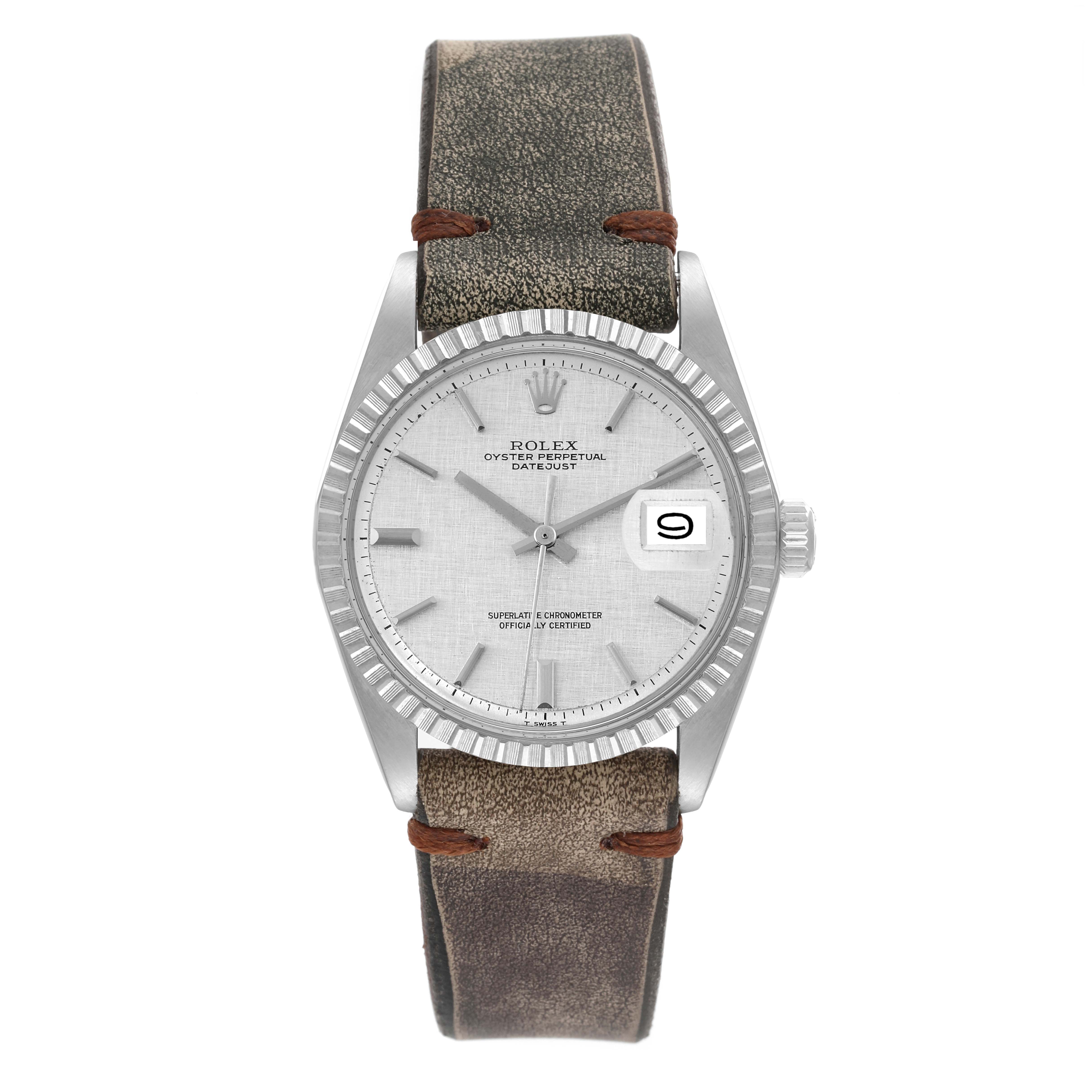 The image shows a front view of the Vintage Collection Rolex Datejust watch, featuring a leather strap and a date display.