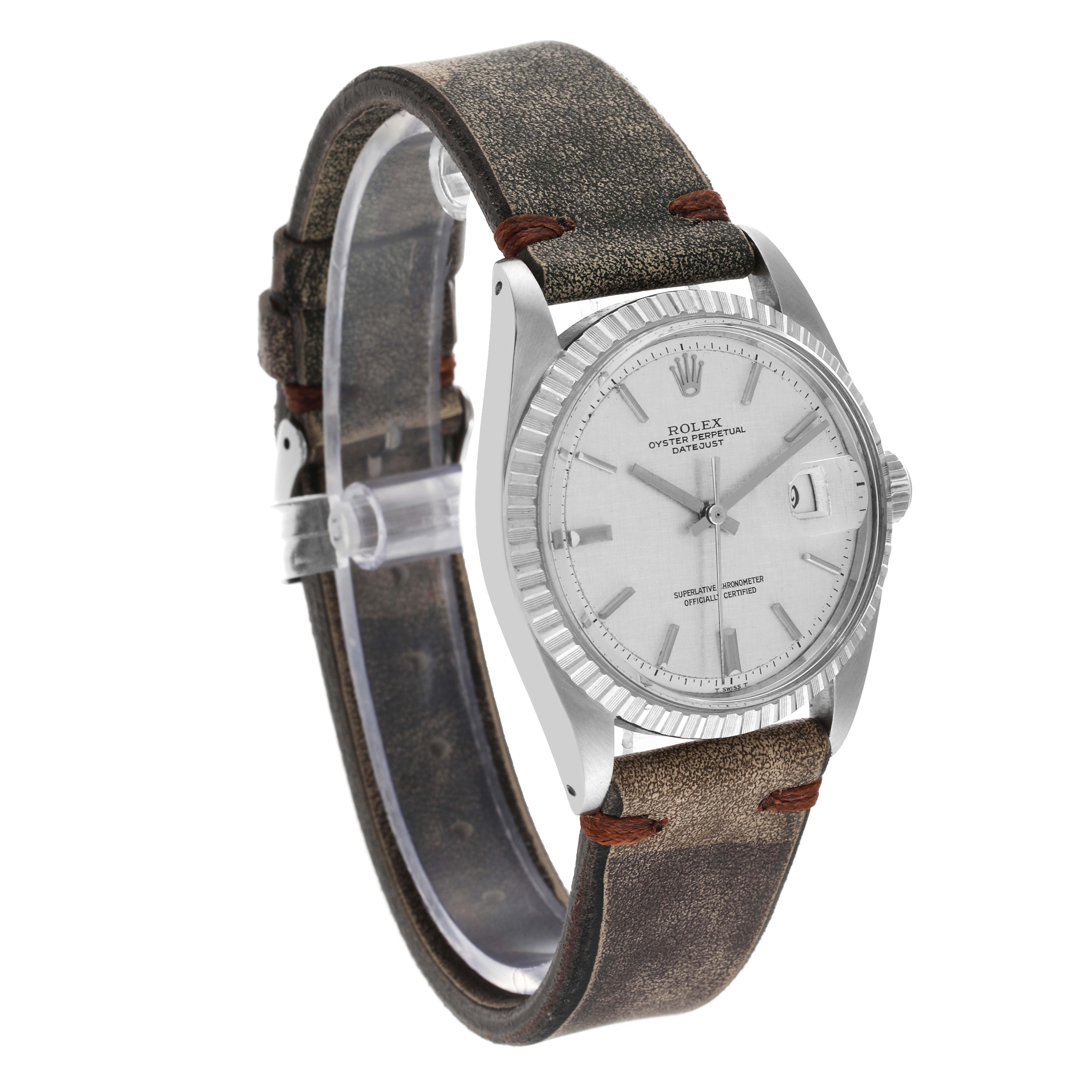 The image shows a side angle view of the Rolex Vintage Collection 1603 Men's Stainless Steel Silver Dial 1603 Men's Stainless Steel Silver Dial model watch, highlighting its face and brown leather strap.