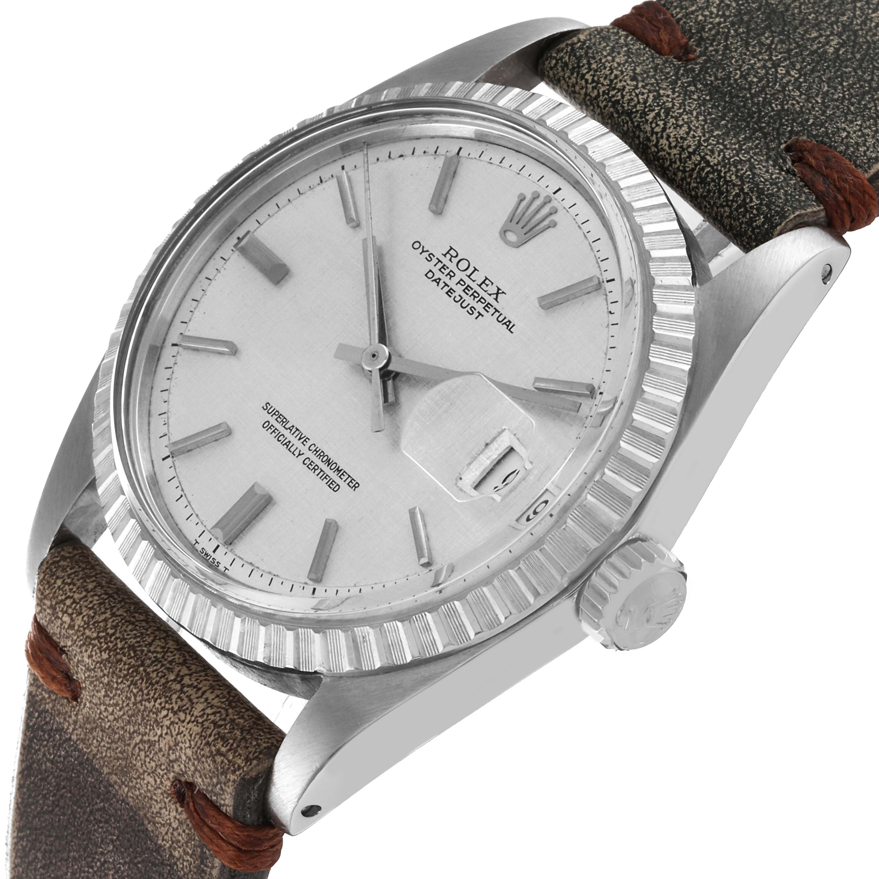 The image shows a Rolex Vintage Collection 1603 Men's Stainless Steel Silver Dial 1603 Men's Stainless Steel Silver Dial model watch angled to display its face and crown, with a leather strap attached.