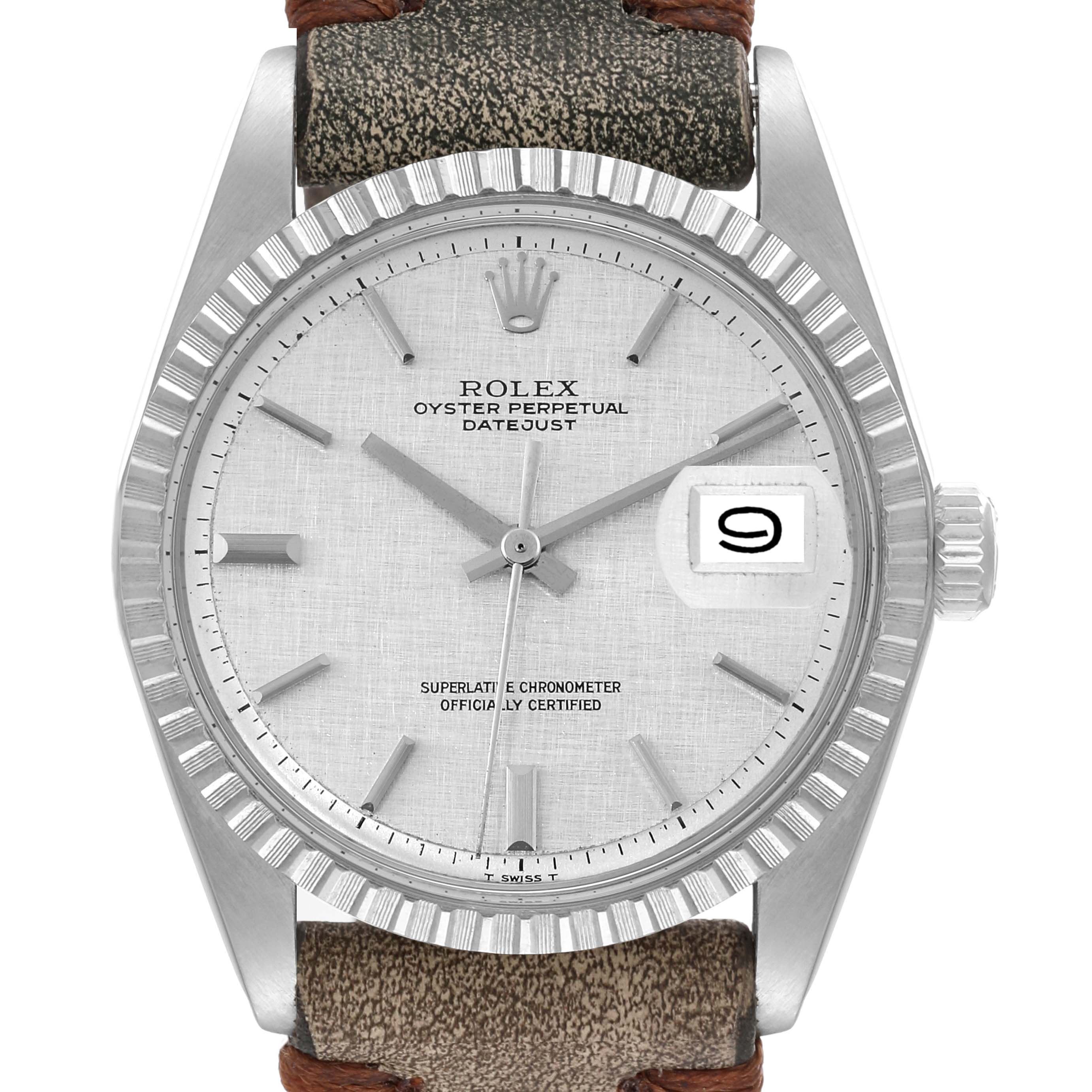 The watch, a Vintage Collection model by Rolex, is shown from a front angle highlighting the face, bezel, and part of the strap.