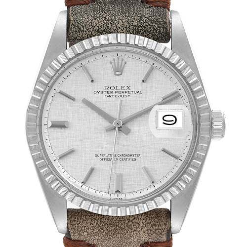 Photo of Rolex Datejust Silver Linen Dial Grey Leather Strap Vintage Mens Watch 1603