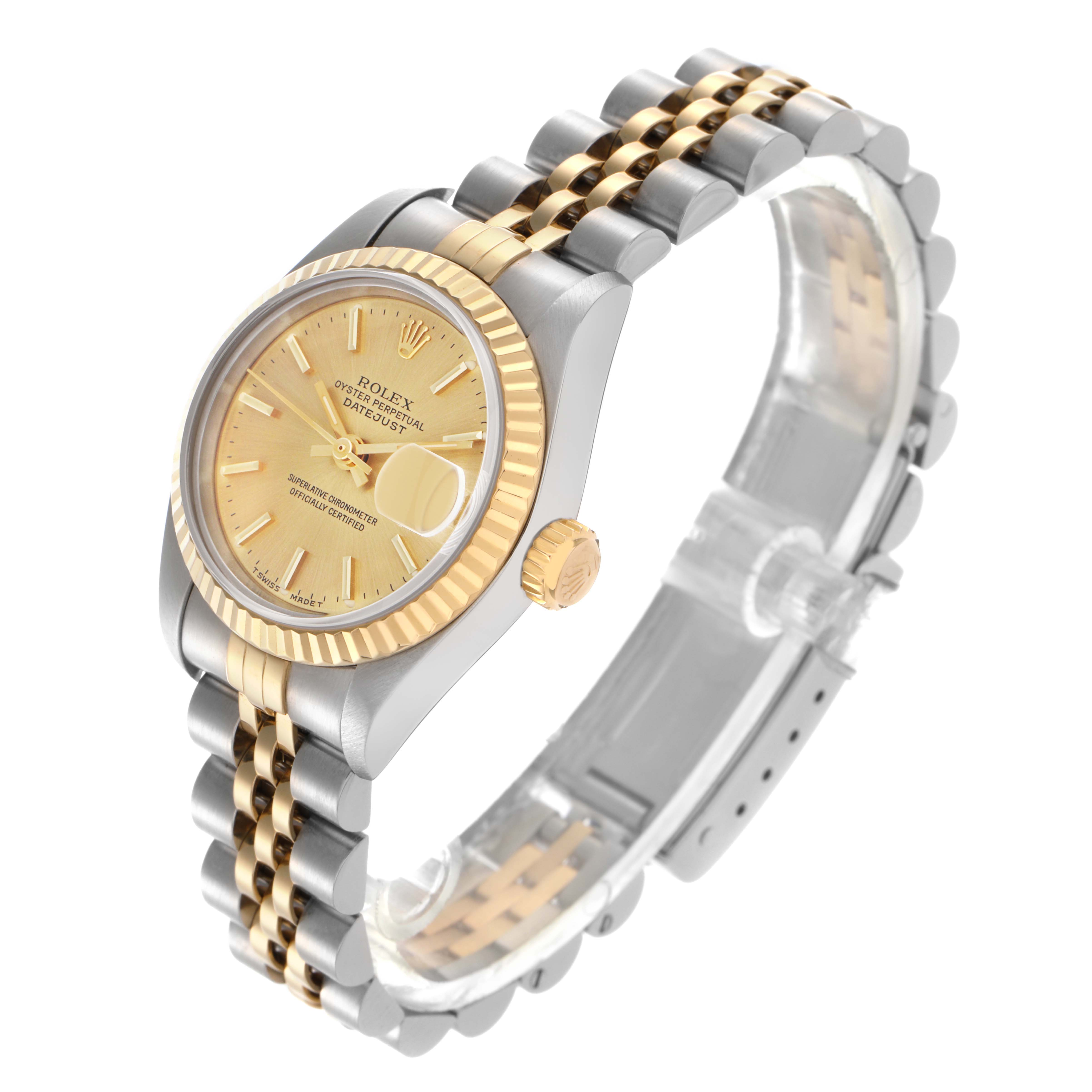 The Rolex Datejust 69173 Women's Steel and Gold (two tone) Champagne Dial 69173 Women's Steel and Gold (two tone) Champagne Dial watch is shown from a three-quarter angle, highlighting the face, bezel, crown, and two-tone bracelet.