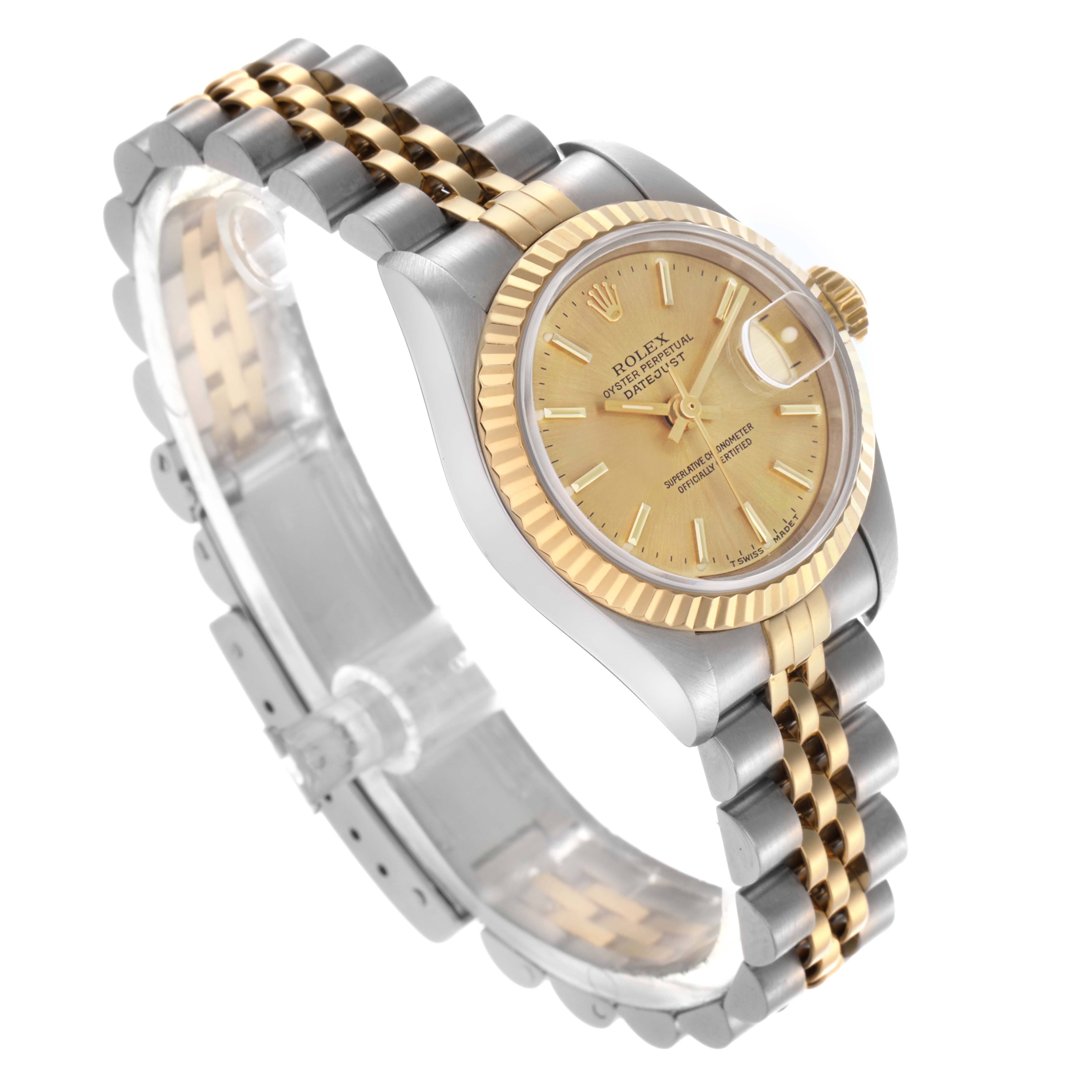 The Rolex Datejust 69173 Women's Steel and Gold (two tone) Champagne Dial 69173 Women's Steel and Gold (two tone) Champagne Dial watch is shown at an angled side view, highlighting the dial, fluted bezel, and jubilee bracelet.