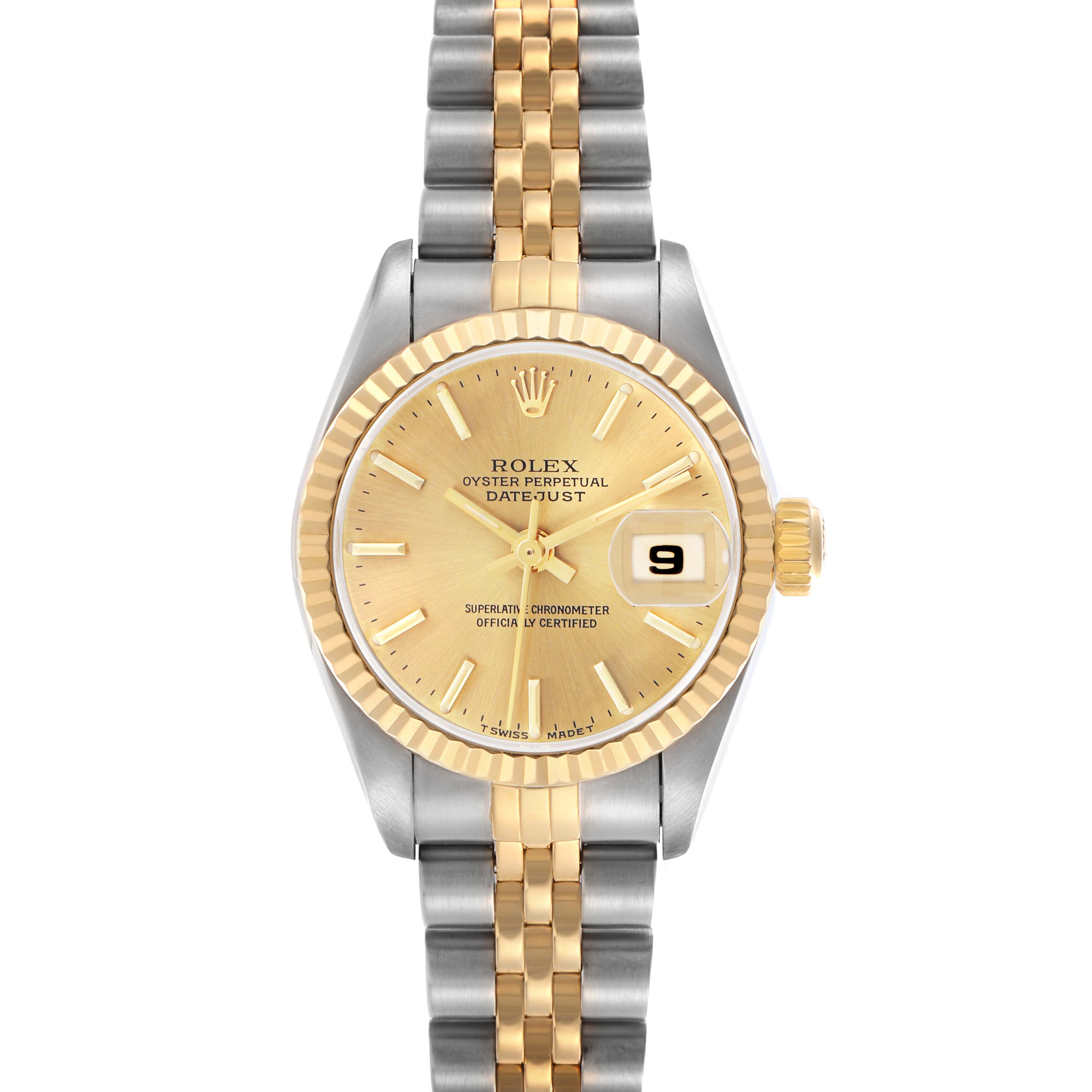 The Rolex Datejust 69173 Women's Steel and Gold (two tone) Champagne Dial 69173 Women's Steel and Gold (two tone) Champagne Dial watch is shown from the front, highlighting its gold dial, fluted bezel, and two-tone bracelet.