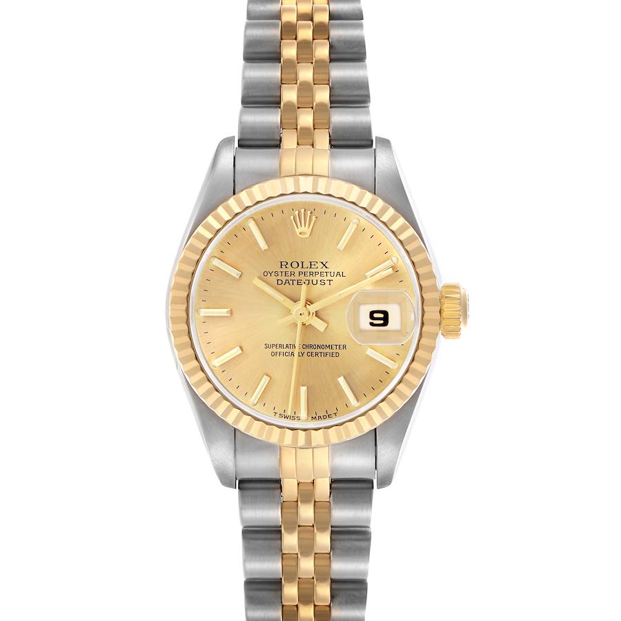 The Rolex Datejust watch is shown from the front, highlighting its gold dial, fluted bezel, and two-tone bracelet.