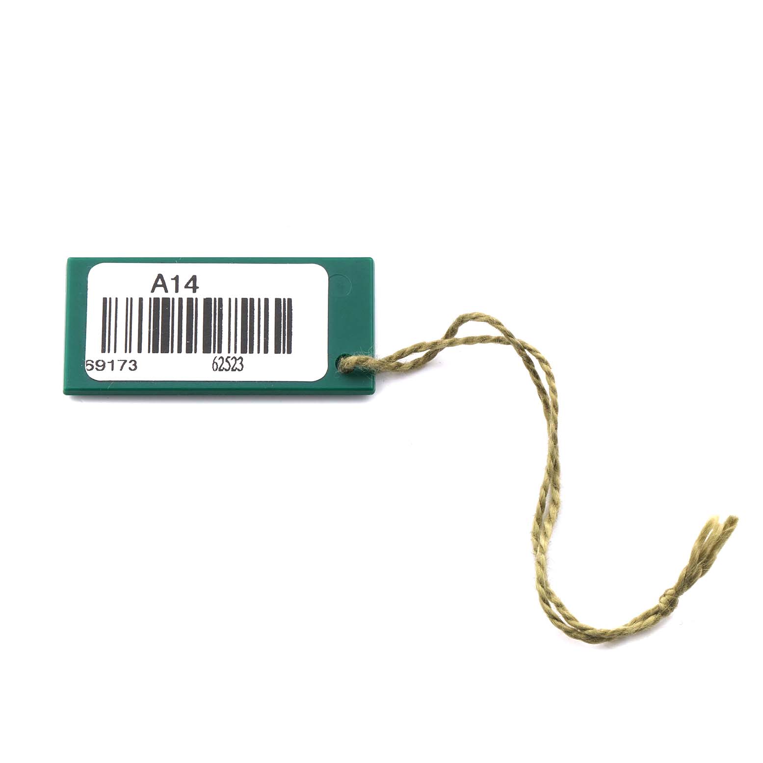 The image shows a green hang tag with a barcode, likely from a Rolex Datejust 69173 Women's Steel and Gold (two tone) Champagne Dial 69173 Women's Steel and Gold (two tone) Champagne Dial watch.