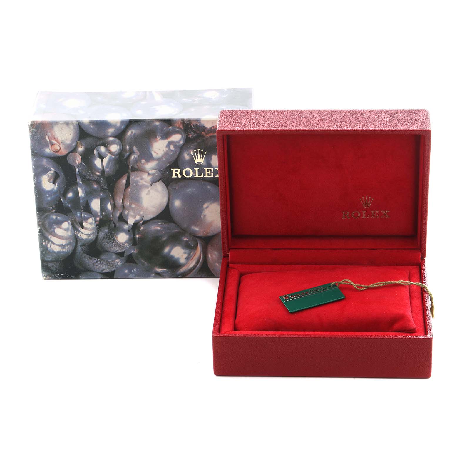 The image shows a Rolex Datejust 69173 Women's Steel and Gold (two tone) Champagne Dial 69173 Women's Steel and Gold (two tone) Champagne Dial watch box with a red interior and a tag, alongside an outer decorative box.