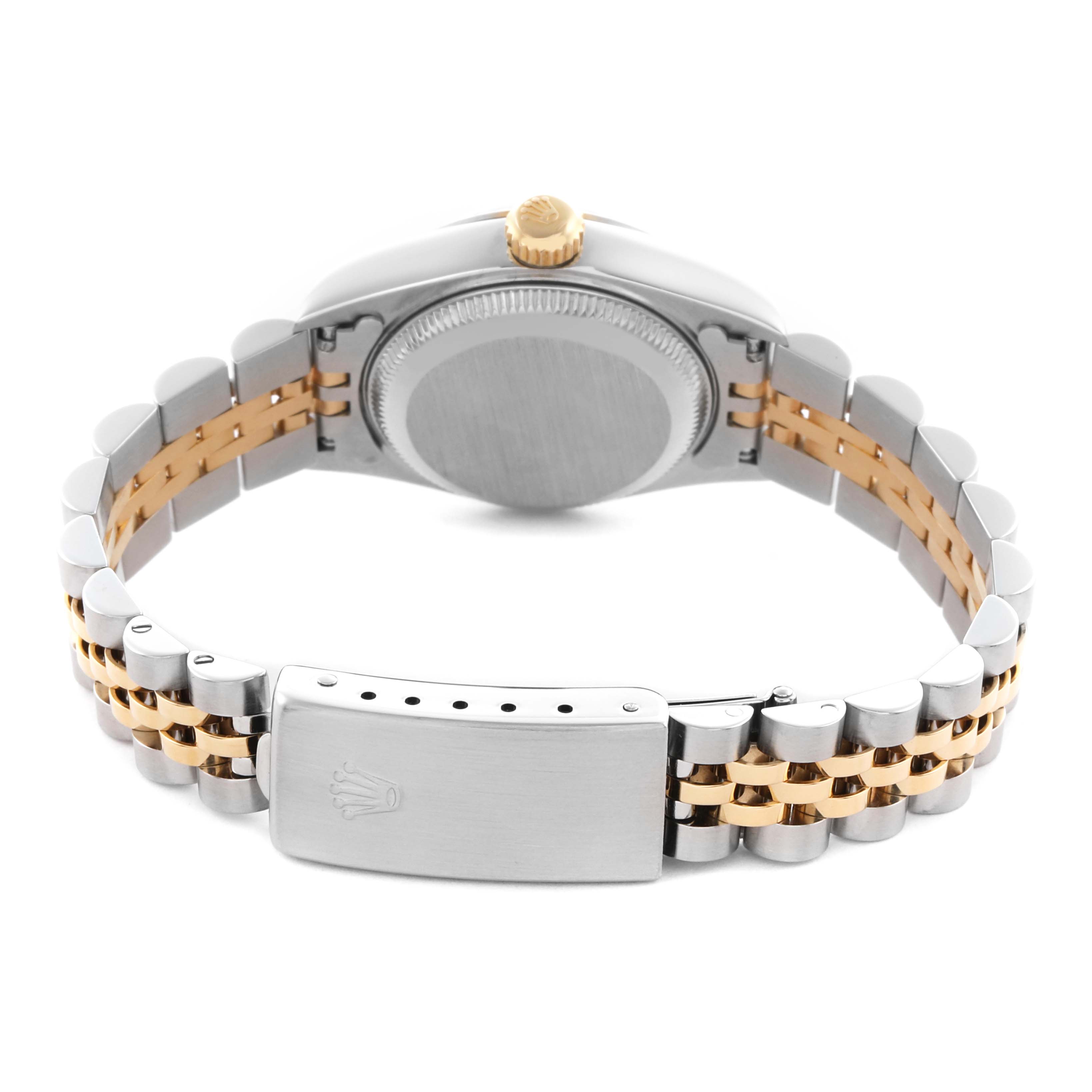 The Rolex Datejust 69173 Women's Steel and Gold (two tone) Champagne Dial 69173 Women's Steel and Gold (two tone) Champagne Dial watch is shown from a rear angle, highlighting the case back, bracelet, and clasp.