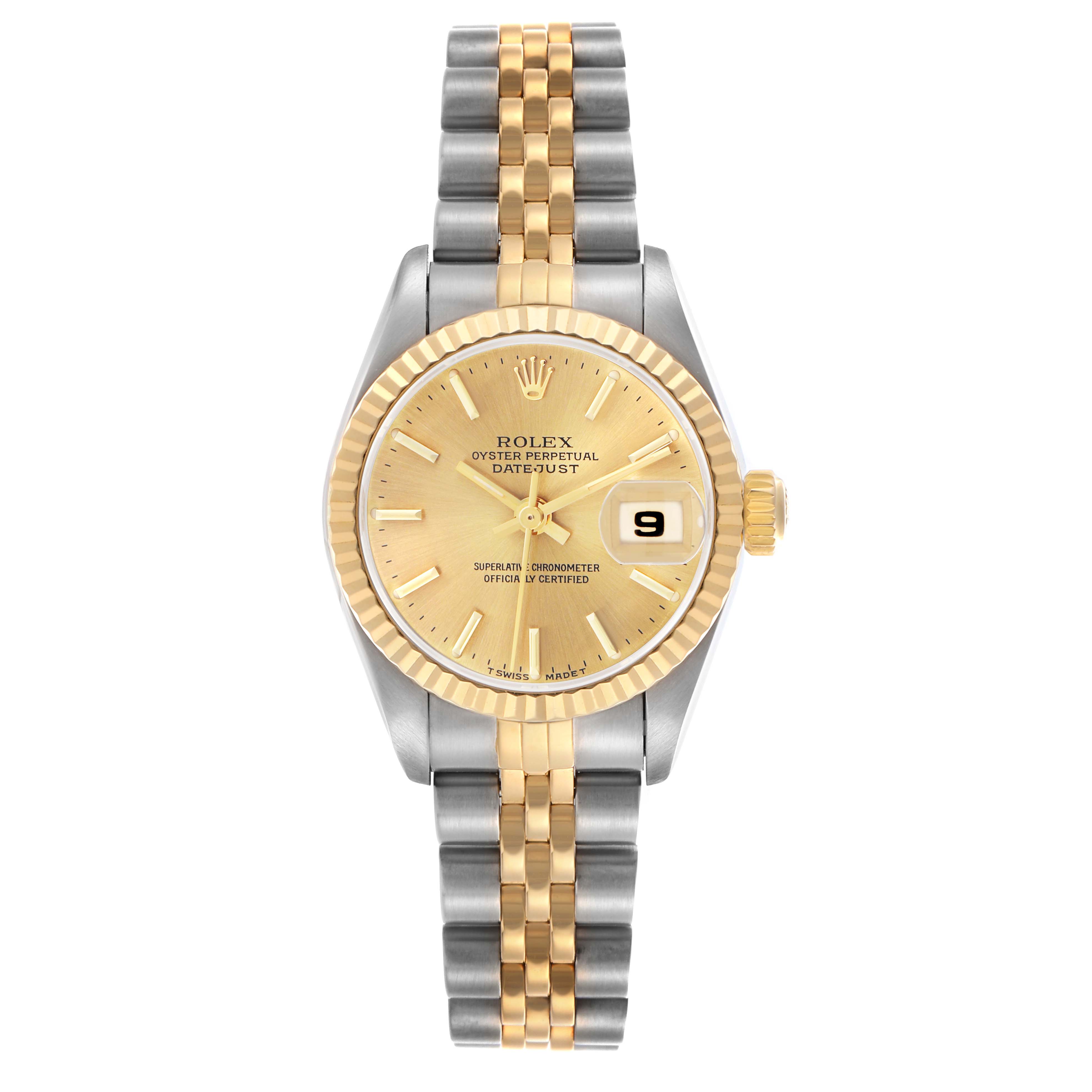 The Rolex Datejust 69173 Women's Steel and Gold (two tone) Champagne Dial 69173 Women's Steel and Gold (two tone) Champagne Dial watch is shown from a top-down angle, displaying the dial, bezel, and two-tone bracelet.