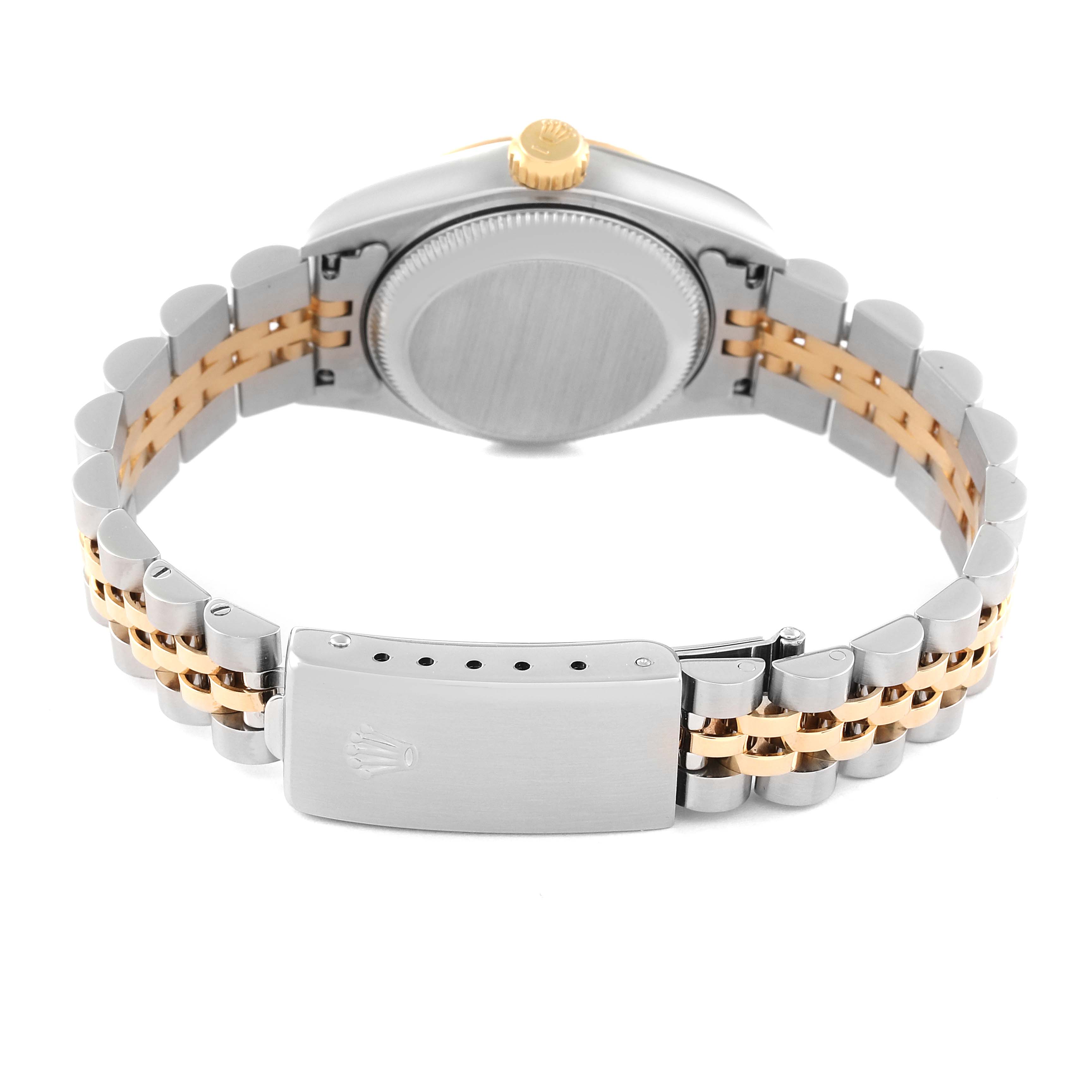 This image shows the back view of a Rolex Datejust 69173 Women's Steel and Gold (two tone) Champagne Dial 69173 Women's Steel and Gold (two tone) Champagne Dial model watch, highlighting the case back, crown, and bi-metal bracelet with clasp.