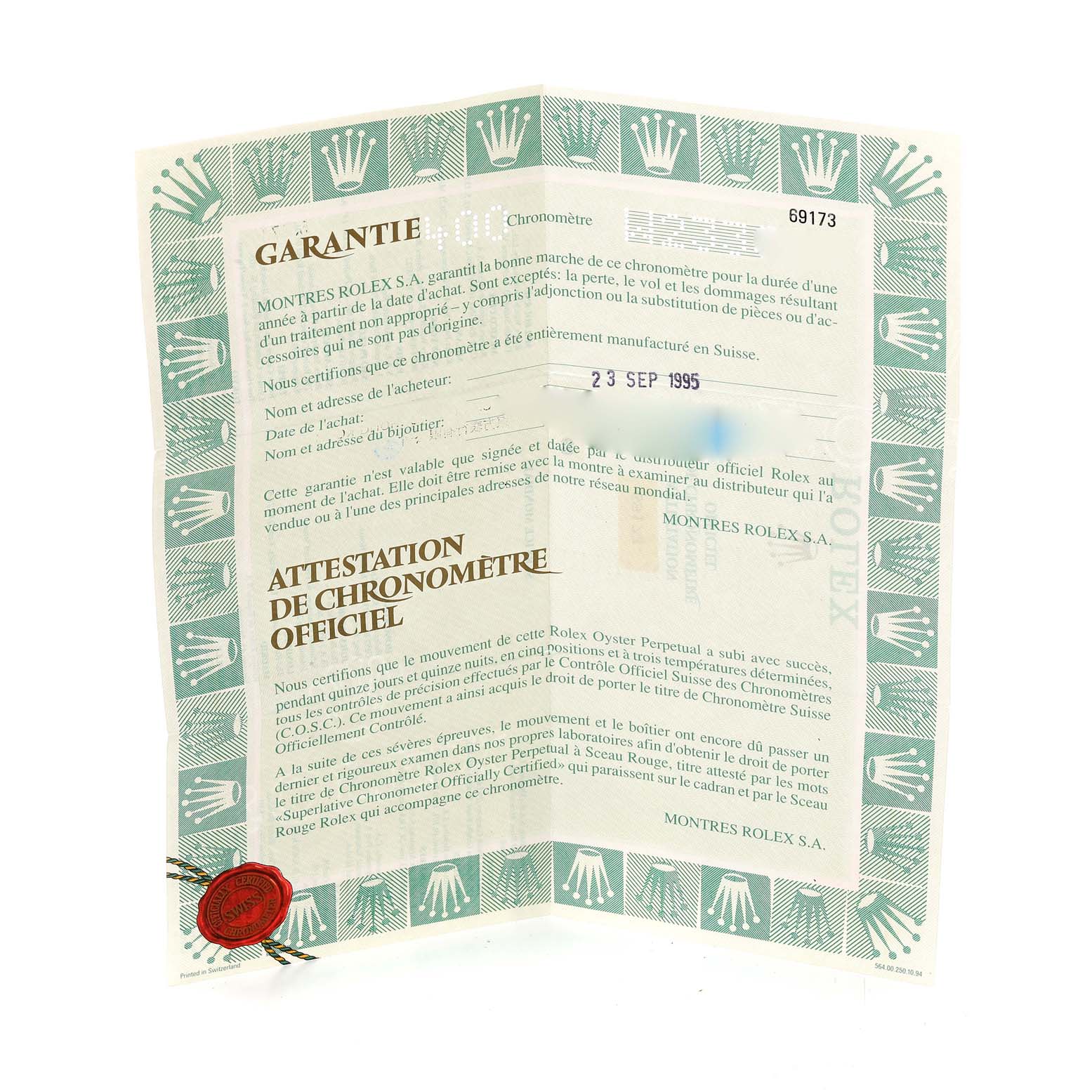 The image shows the official chronometer certificate and warranty for a Rolex Datejust 69173 Women's Steel and Gold (two tone) Champagne Dial 69173 Women's Steel and Gold (two tone) Champagne Dial watch.