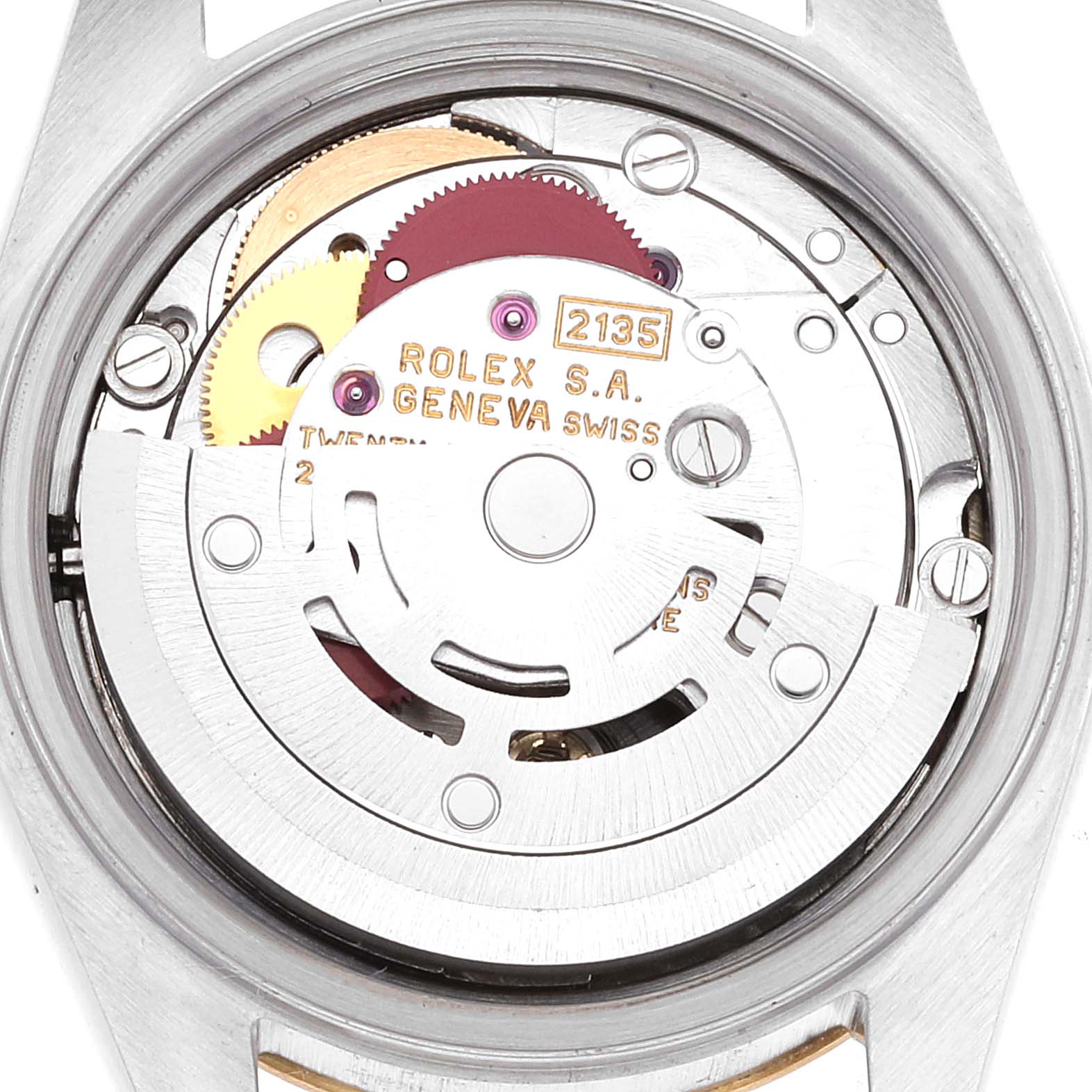 This image shows the movement of a Rolex Datejust 69173 Women's Steel and Gold (two tone) Champagne Dial 69173 Women's Steel and Gold (two tone) Champagne Dial watch, viewed from the rear with the case back removed.