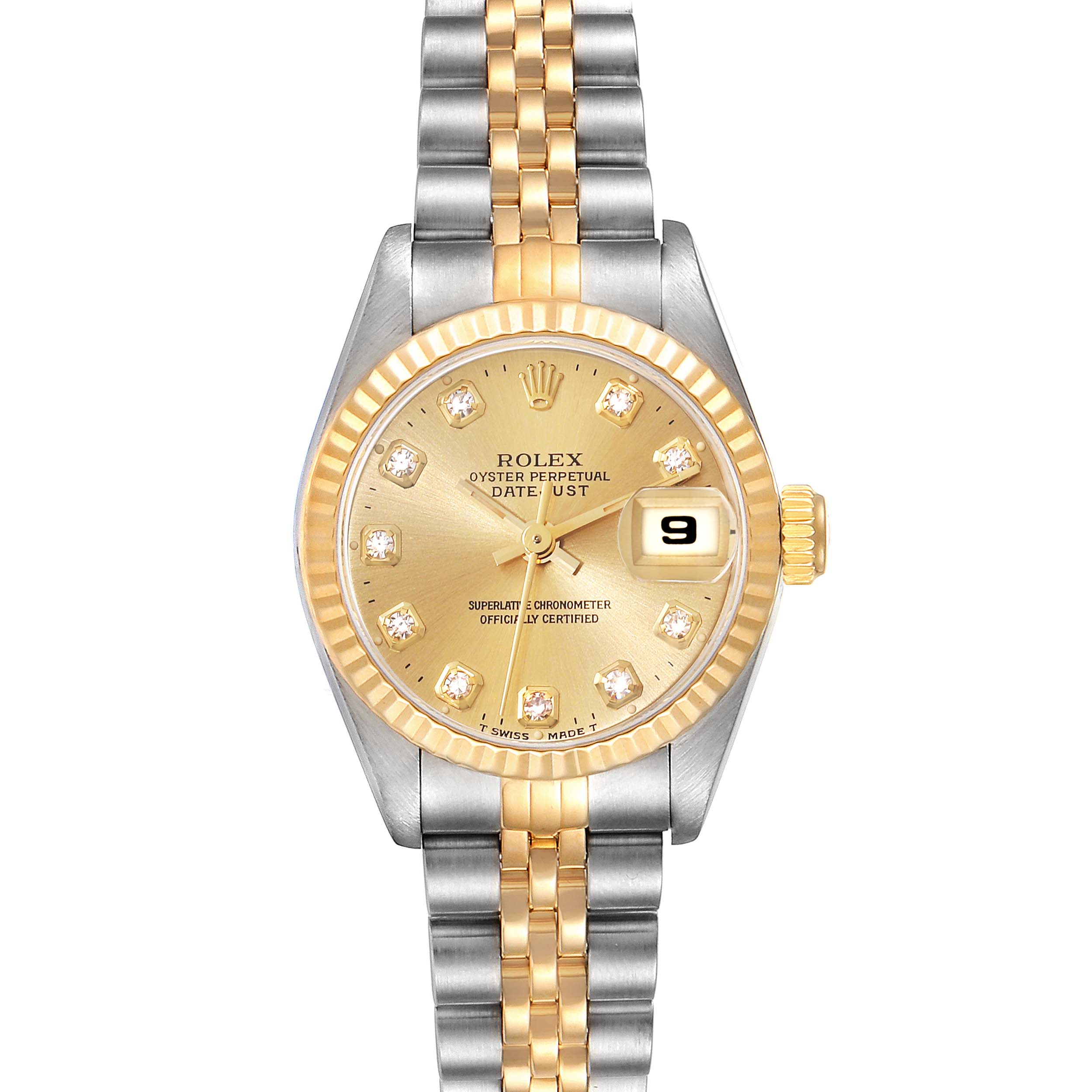 The image shows a frontal view of a Rolex Datejust 69173 Women's Steel and Gold (two tone) Champagne Dial 69173 Women's Steel and Gold (two tone) Champagne Dial watch with a gold and silver bracelet and diamond markers on the gold dial.