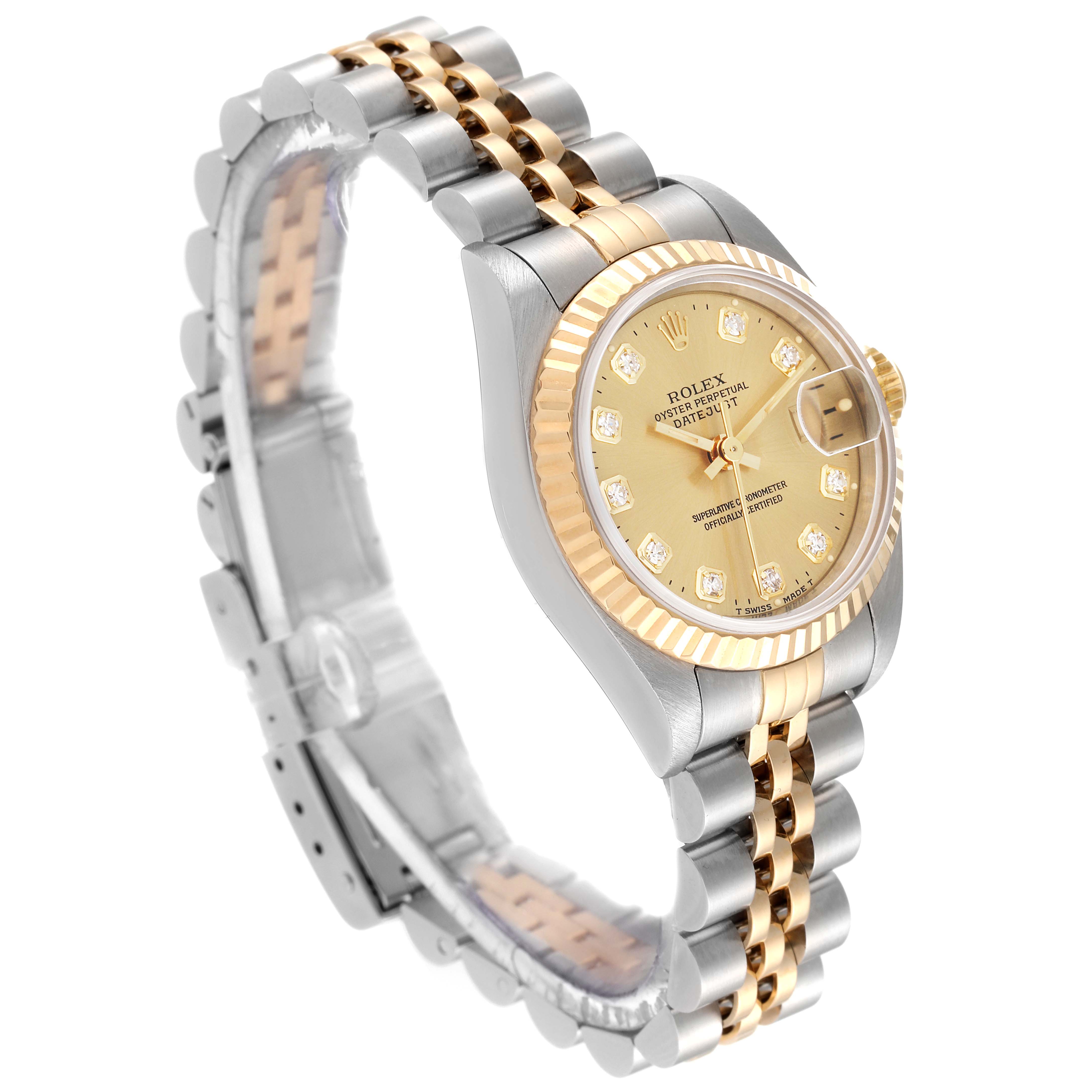 The image shows a side angle of a Rolex Datejust 69173 Women's Steel and Gold (two tone) Champagne Dial 69173 Women's Steel and Gold (two tone) Champagne Dial watch, highlighting its dial, case, and two-tone bracelet.