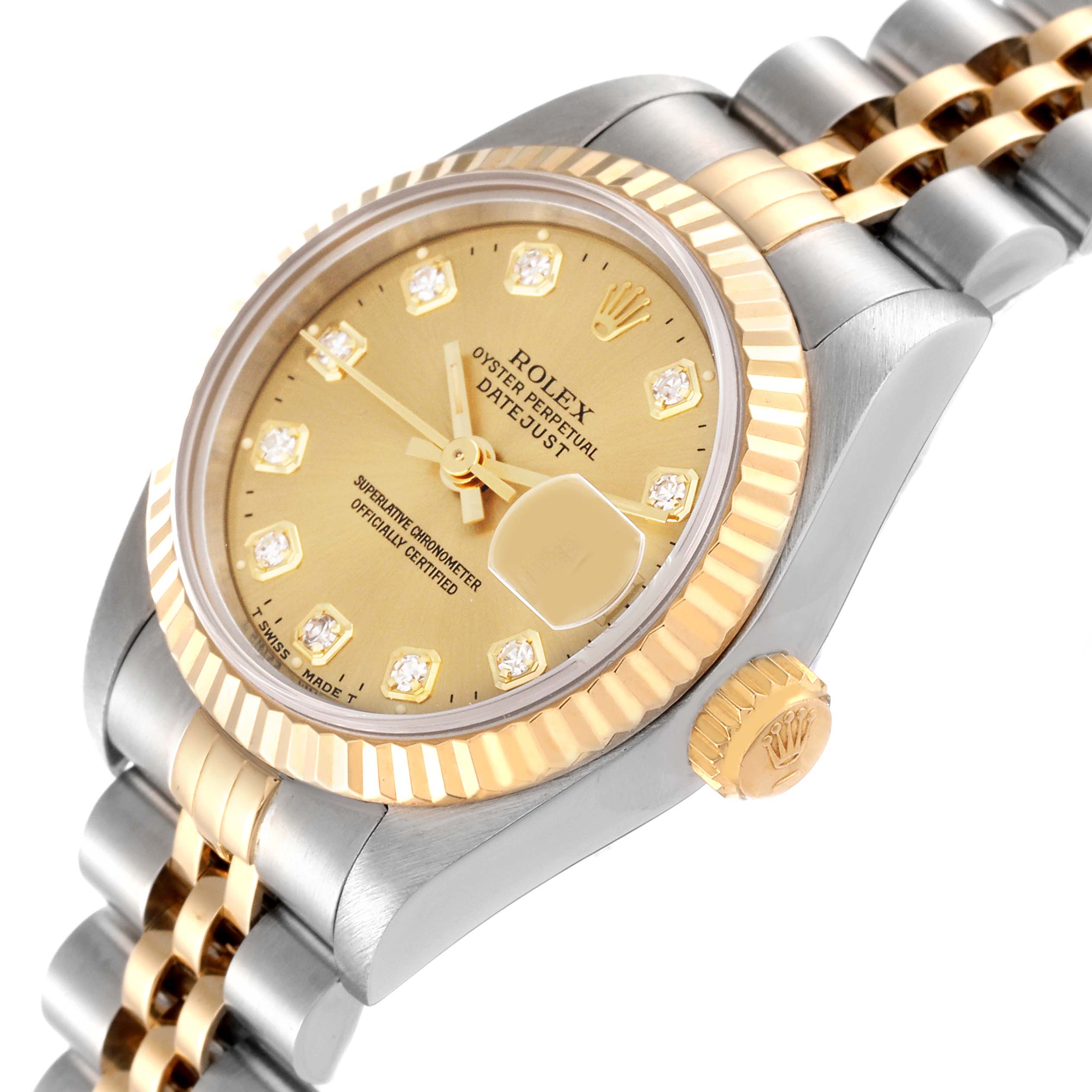 The image shows a close-up angled view of a Rolex Datejust 69173 Women's Steel and Gold (two tone) Champagne Dial 69173 Women's Steel and Gold (two tone) Champagne Dial model, highlighting the dial, bezel, crown, and bracelet.