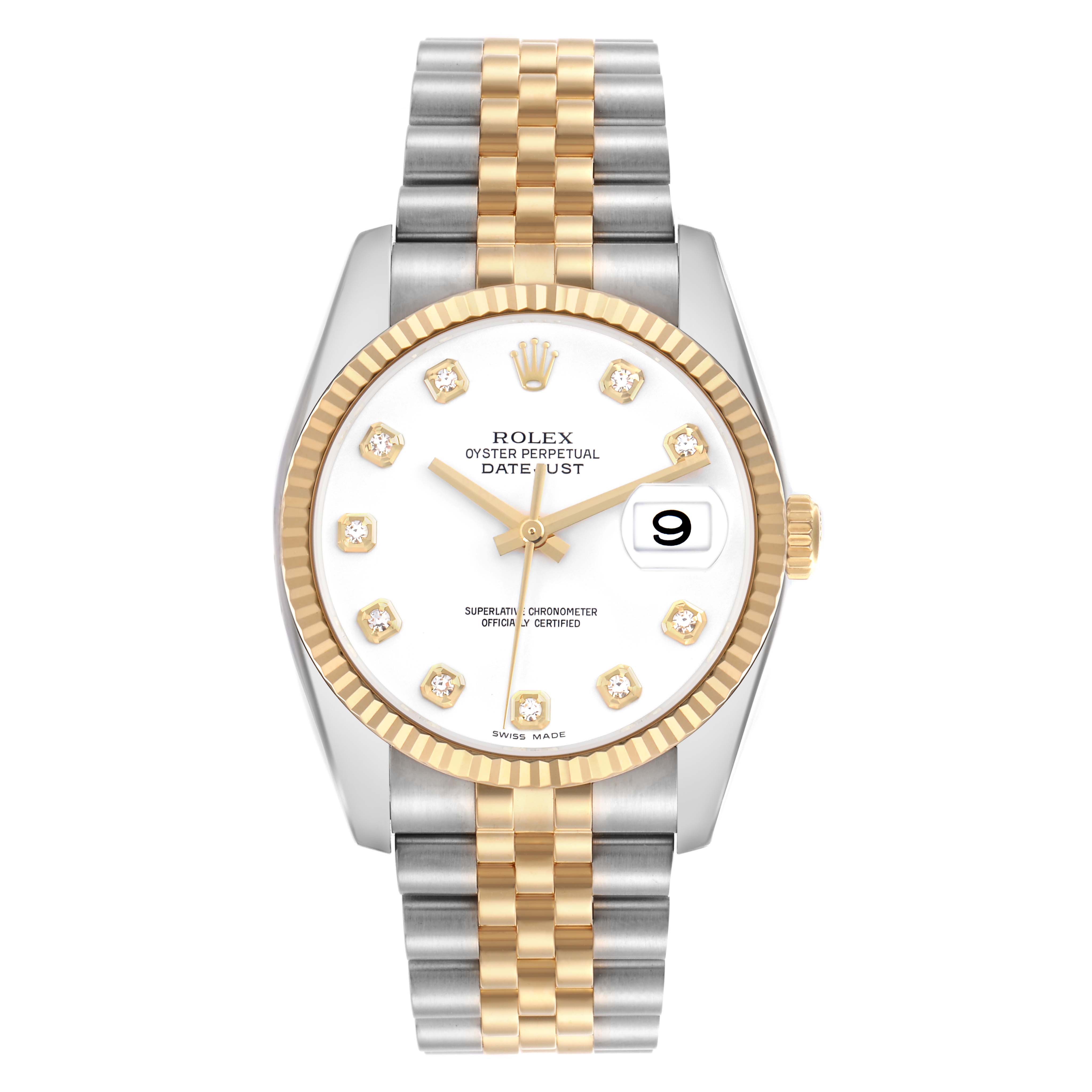 The Rolex Datejust 116233 Men
s Steel and Gold (two tone) White Dial 116233 Men
s Steel and Gold (two tone) White Dial is shown from a top-down angle, displaying the face, bracelet, and bezel.
