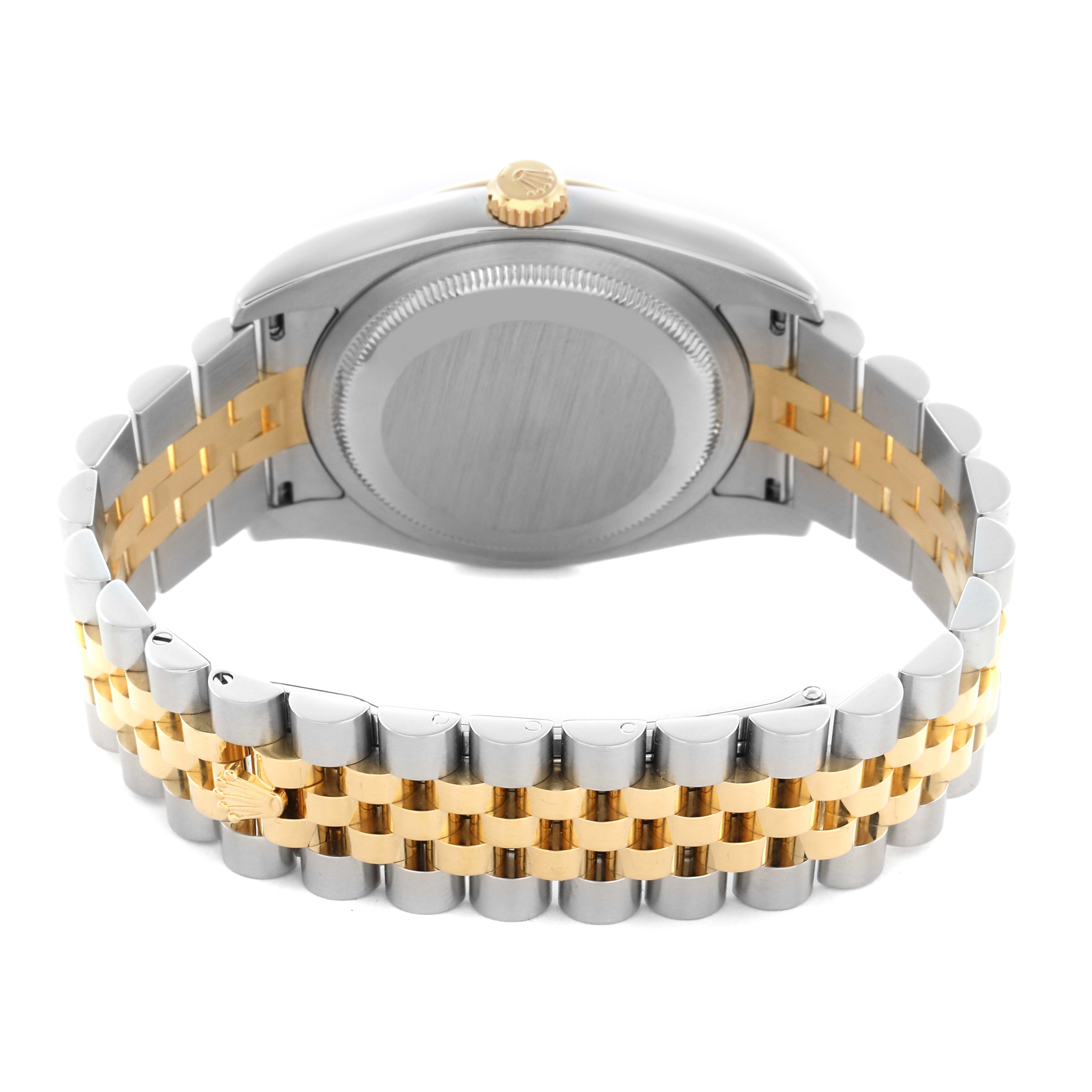 The image shows the back view of a Rolex Datejust 116233 Men
s Steel and Gold (two tone) White Dial 116233 Men
s Steel and Gold (two tone) White Dial watch, highlighting its jubilee bracelet and case back.