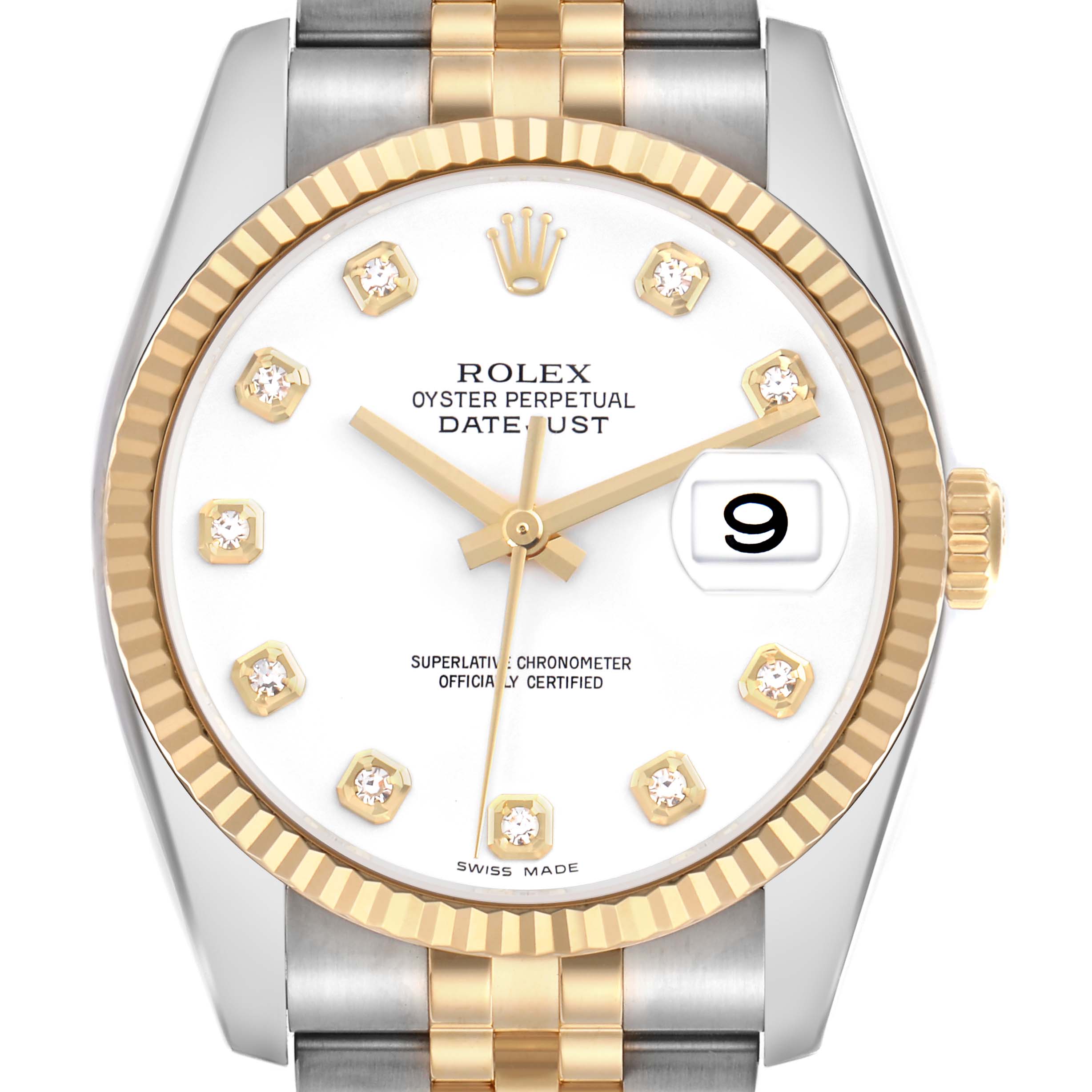 The Rolex Datejust 116233 Men
s Steel and Gold (two tone) White Dial 116233 Men
s Steel and Gold (two tone) White Dial watch is shown from the front, highlighting its dial, hands, date window, bezel, and bracelet.