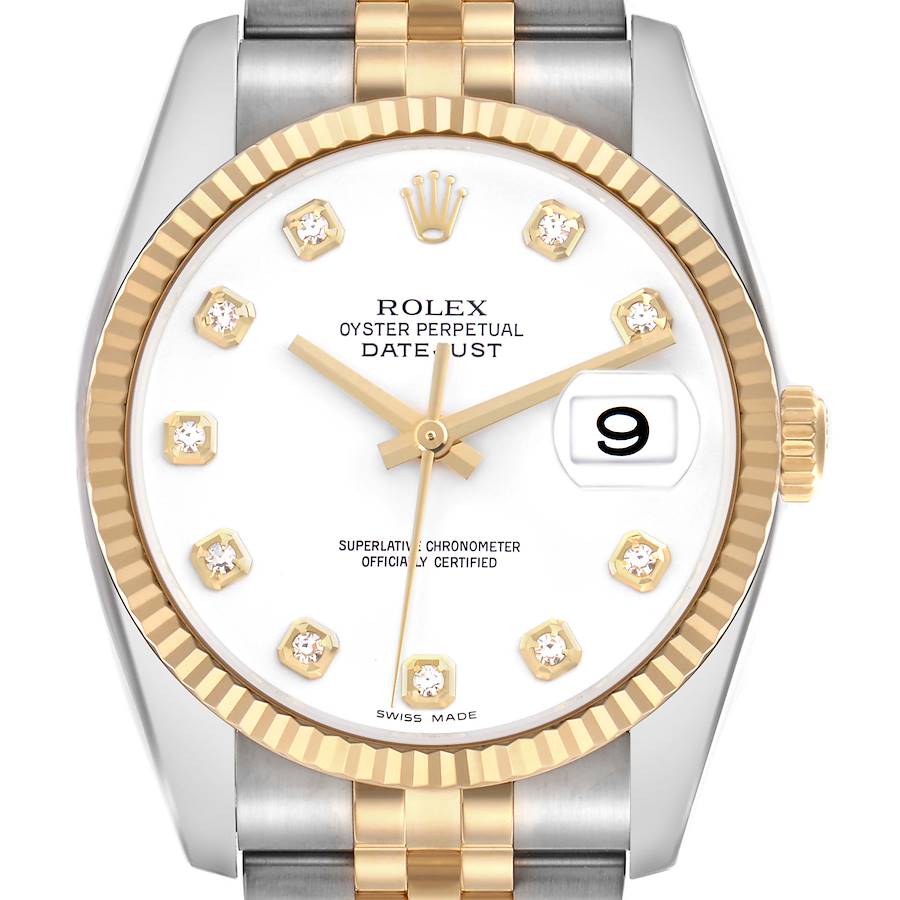 The Rolex Datejust watch is shown from the front, highlighting its dial, hands, date window, bezel, and bracelet.