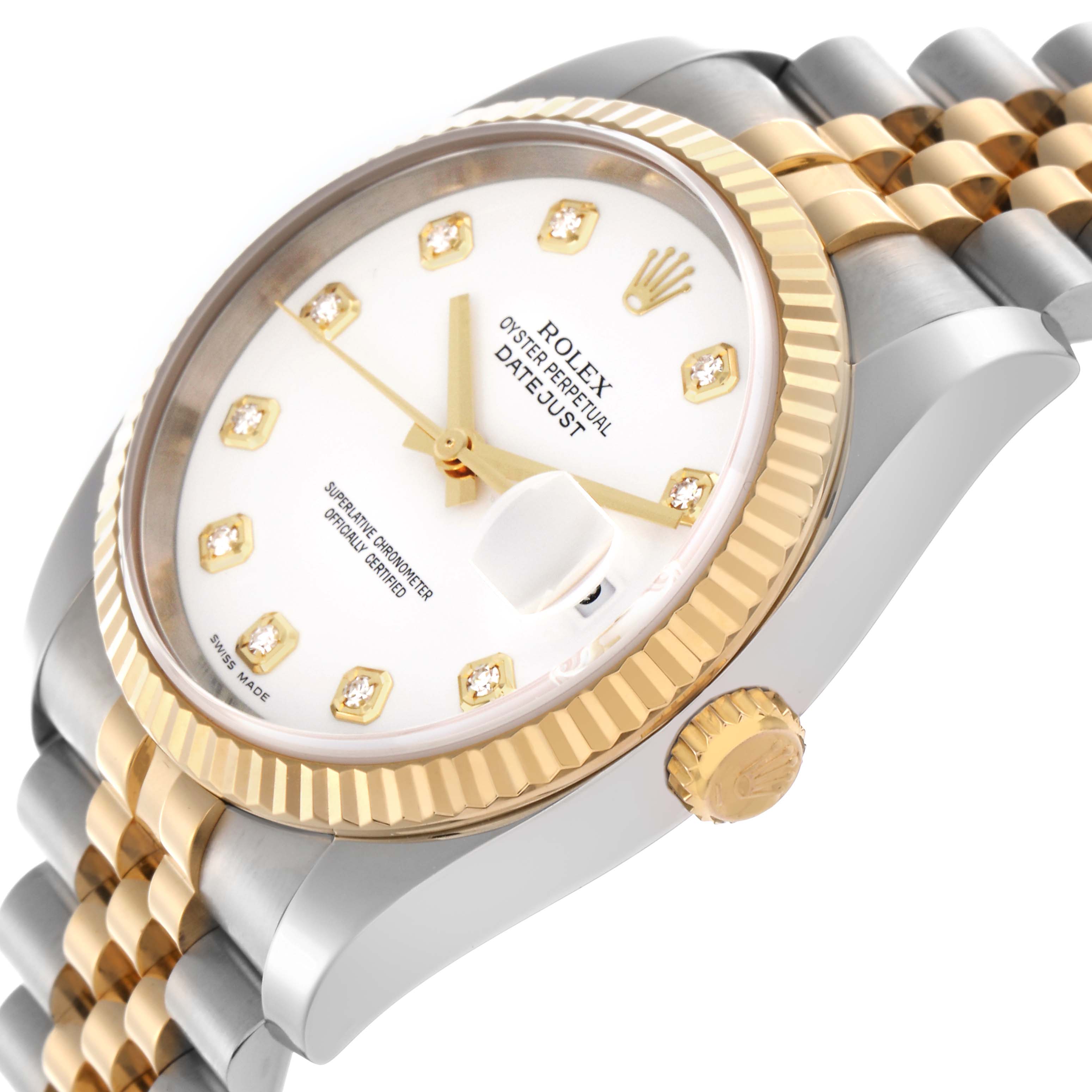 The Rolex Datejust 116233 Men
s Steel and Gold (two tone) White Dial 116233 Men
s Steel and Gold (two tone) White Dial is shown at a 3/4 angle, highlighting the face, bezel, crown, and bracelet.
