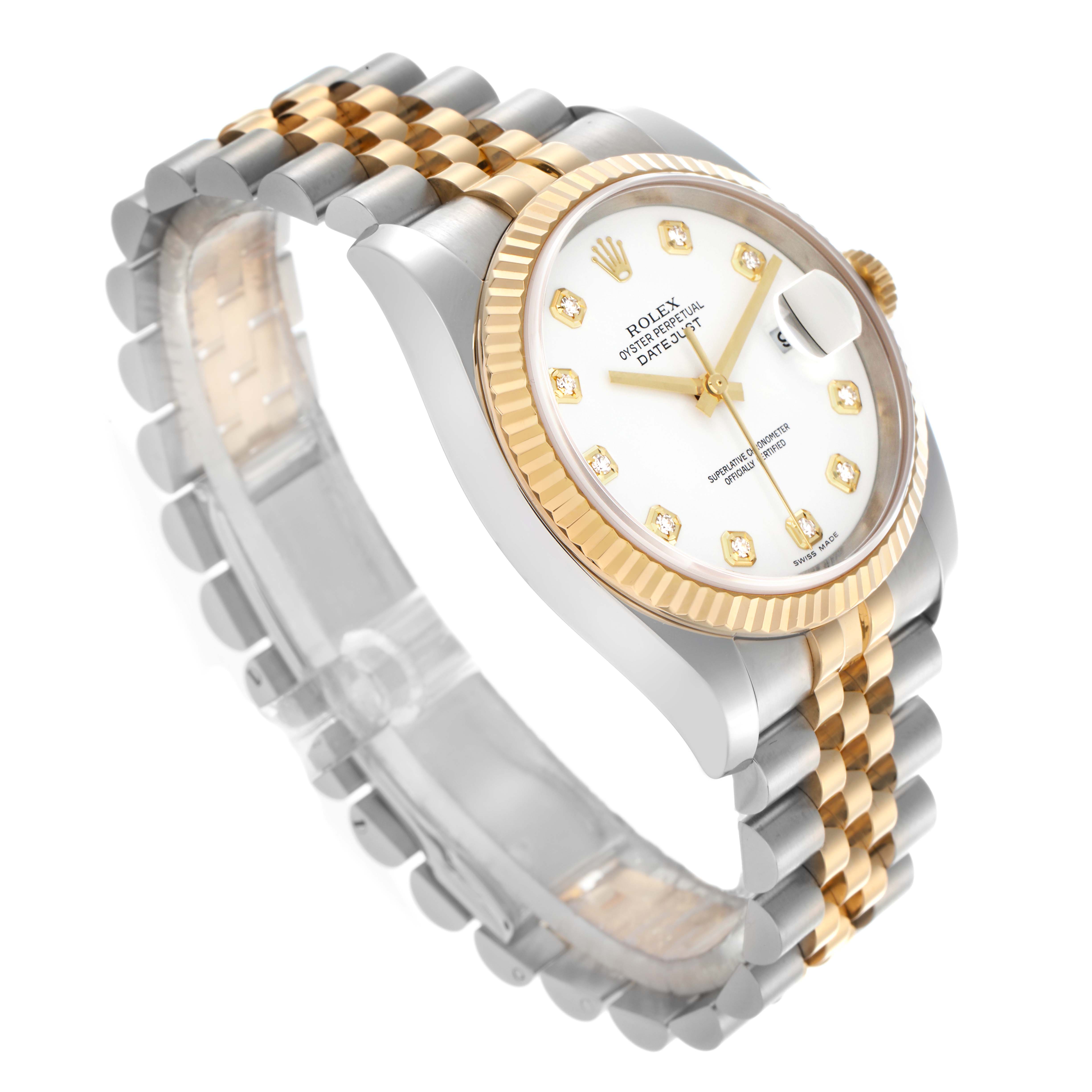 The image shows a Rolex Datejust 116233 Men
s Steel and Gold (two tone) White Dial 116233 Men
s Steel and Gold (two tone) White Dial at a slight angle, highlighting the watch face, gold fluted bezel, and two-tone bracelet.