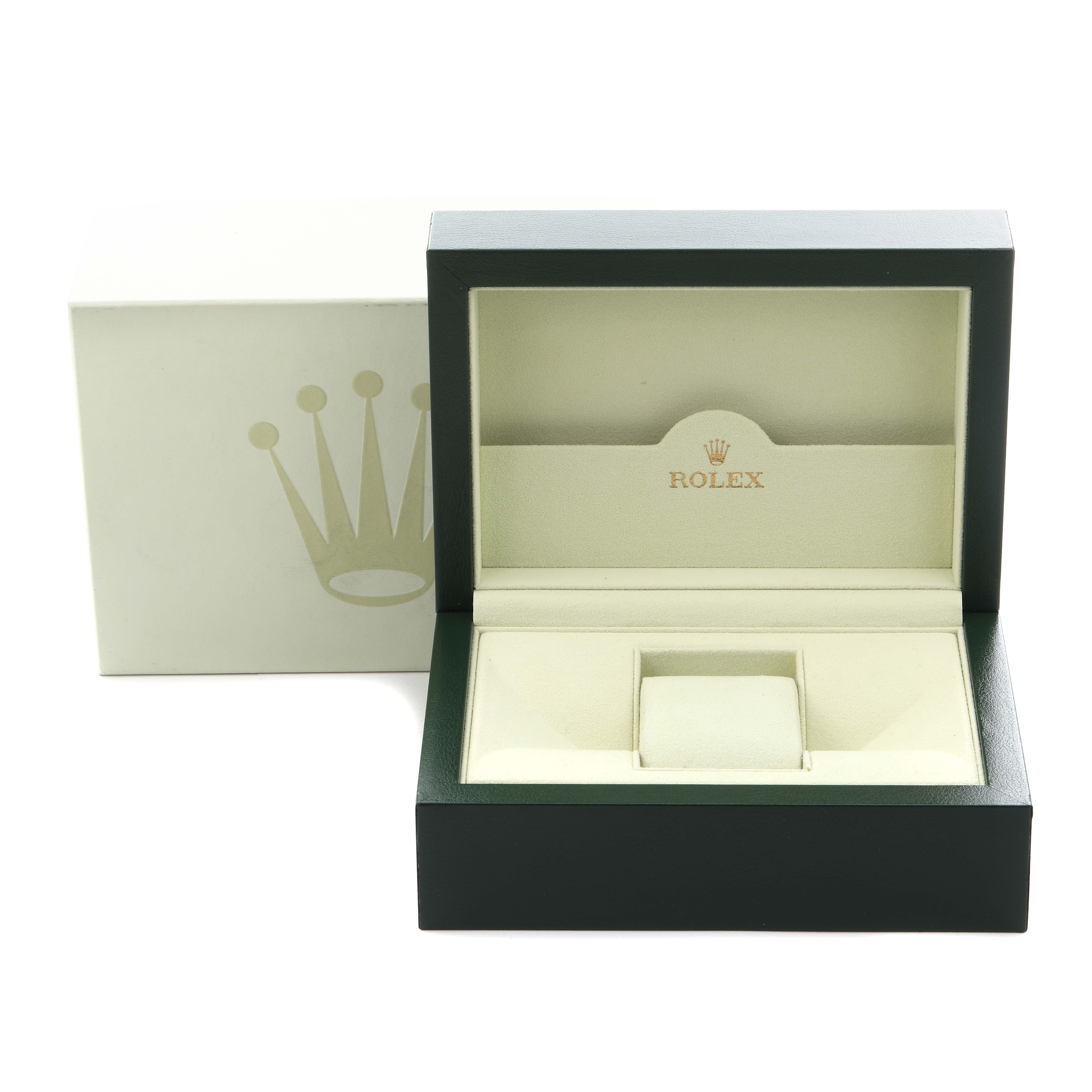 The image shows an open Rolex Datejust 116233 Men
s Steel and Gold (two tone) White Dial 116233 Men
s Steel and Gold (two tone) White Dial watch box, highlighting its interior and an outer box with the Rolex logo.