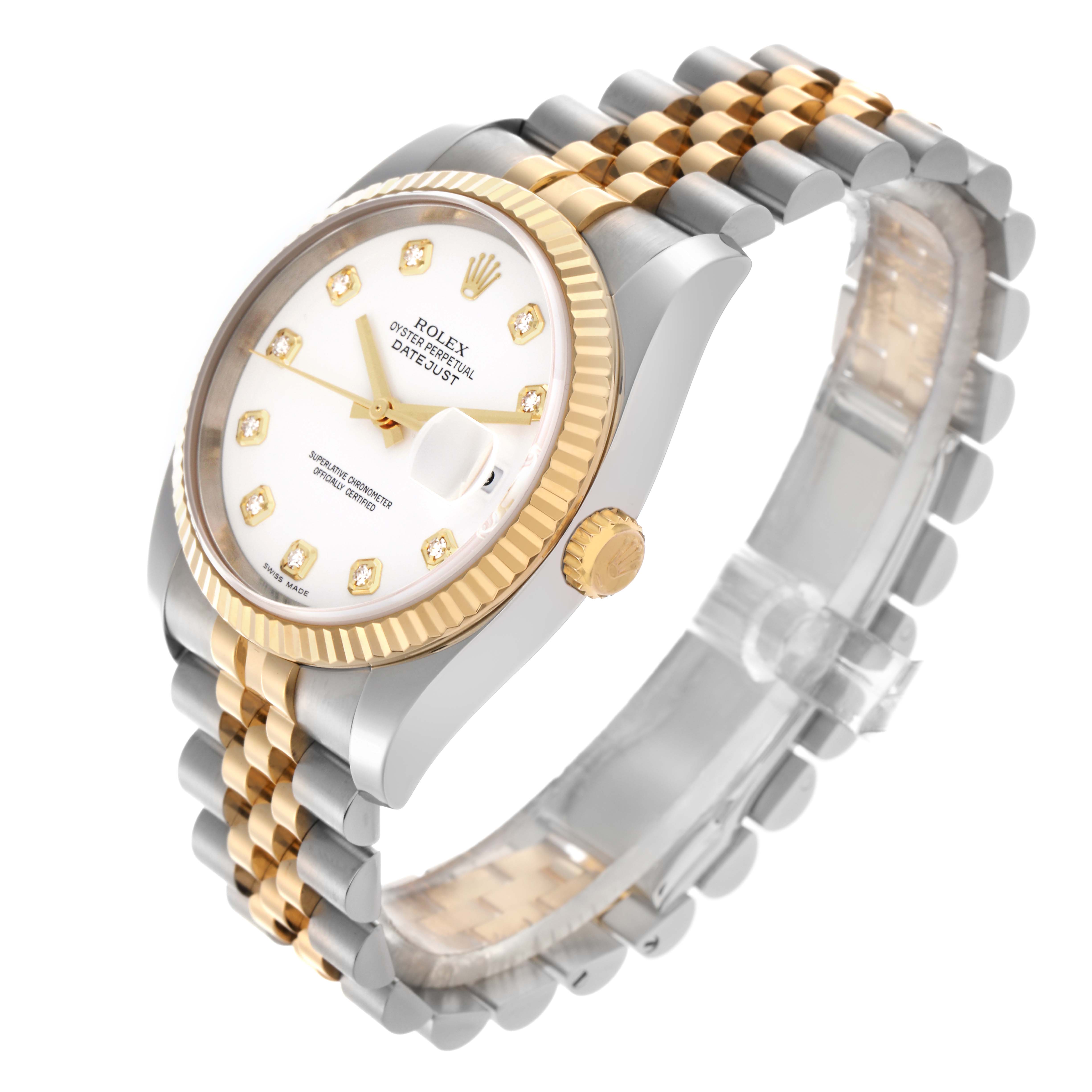 The Rolex Datejust 116233 Men
s Steel and Gold (two tone) White Dial 116233 Men
s Steel and Gold (two tone) White Dial watch is shown at a three-quarter angle, featuring its bezel, dial, crown, and Jubilee bracelet.
