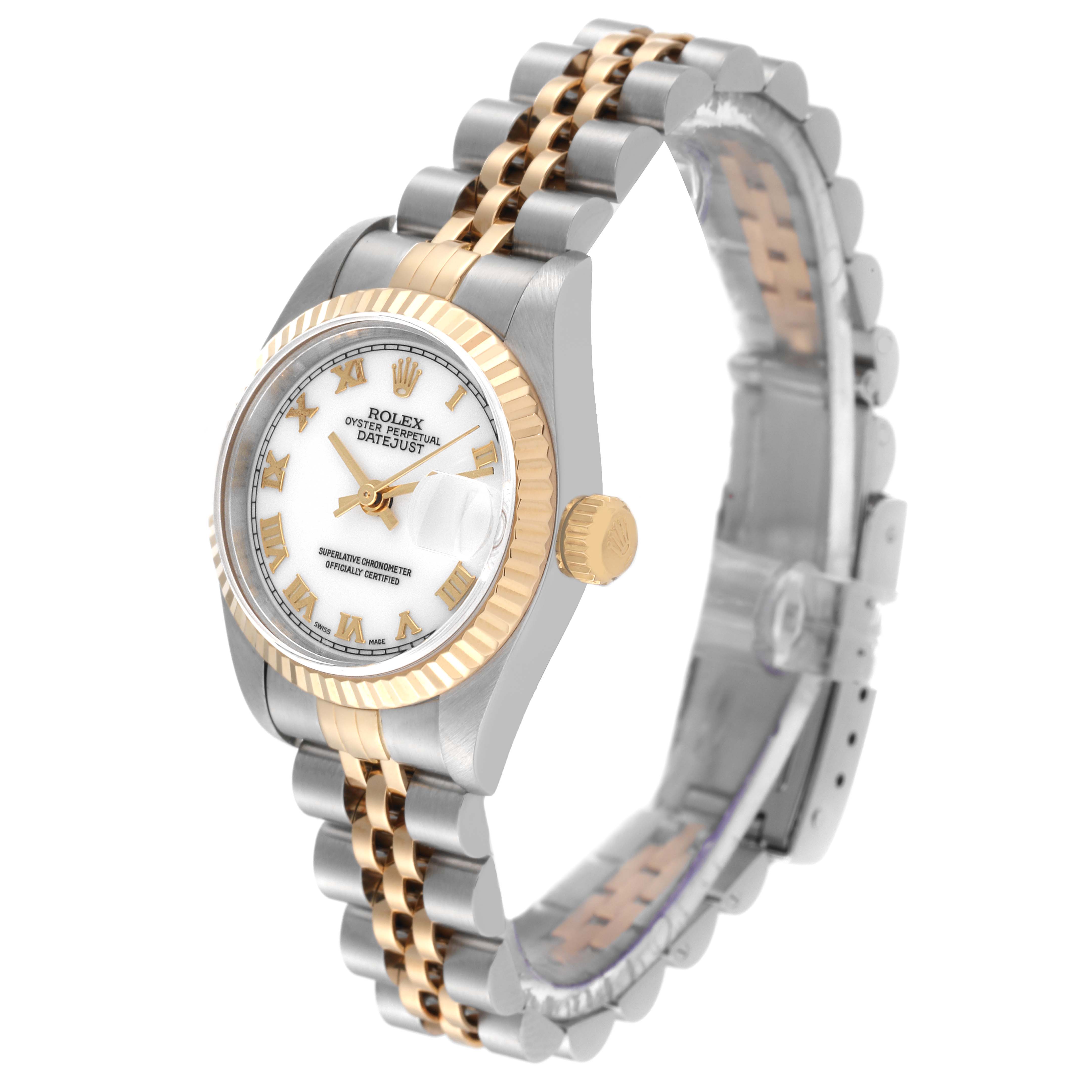 The Rolex Datejust 79173 Women's Steel and Gold (two tone) White Dial 79173 Women's Steel and Gold (two tone) White Dial watch is shown at a side angle, featuring its two-tone bracelet, fluted bezel, and white dial with Roman numerals.