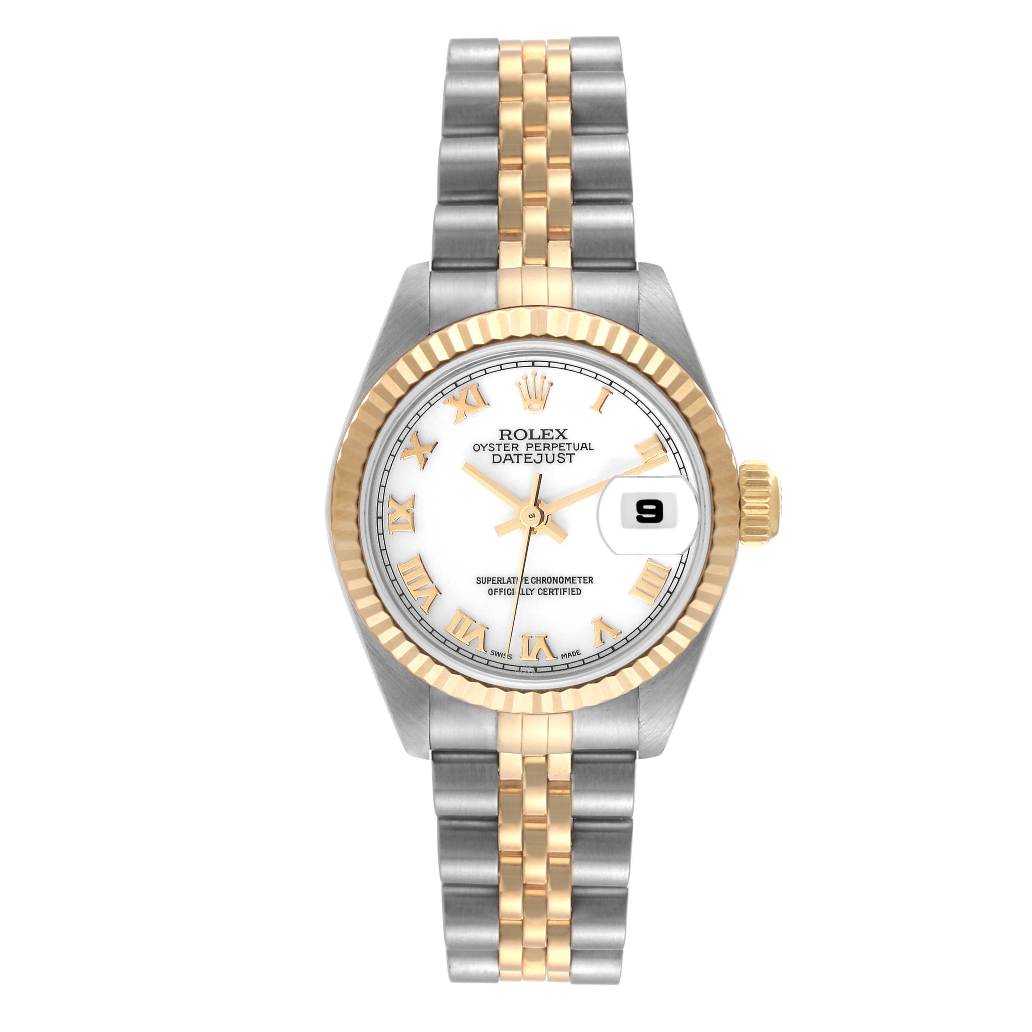 The image shows a frontal view of a Rolex Datejust 79173 Women's Steel and Gold (two tone) White Dial 79173 Women's Steel and Gold (two tone) White Dial watch, featuring its dial, bezel, and two-tone bracelet.
