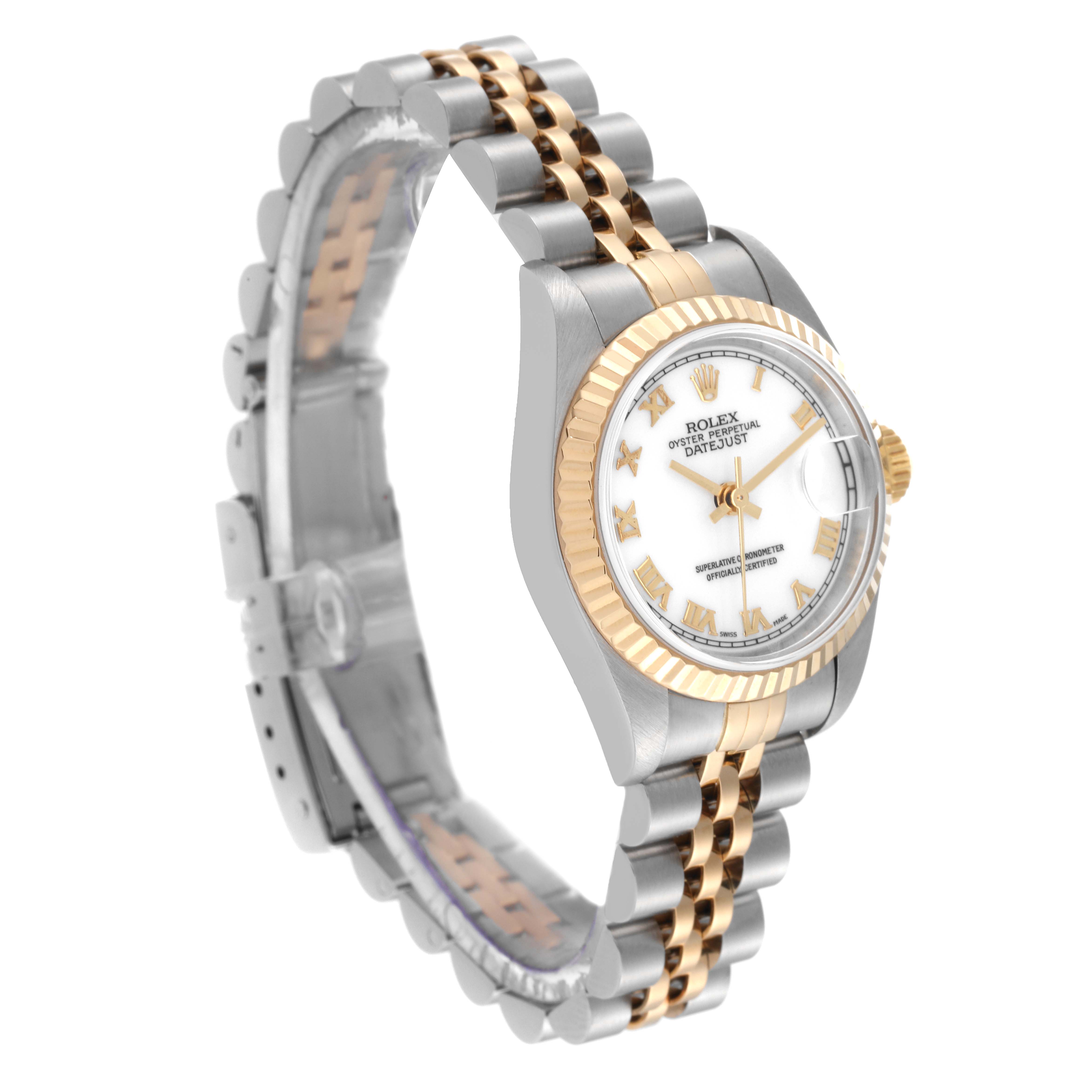 The Rolex Datejust 79173 Women's Steel and Gold (two tone) White Dial 79173 Women's Steel and Gold (two tone) White Dial watch is shown at a three-quarter angle, highlighting the face, bezel, and two-tone bracelet.