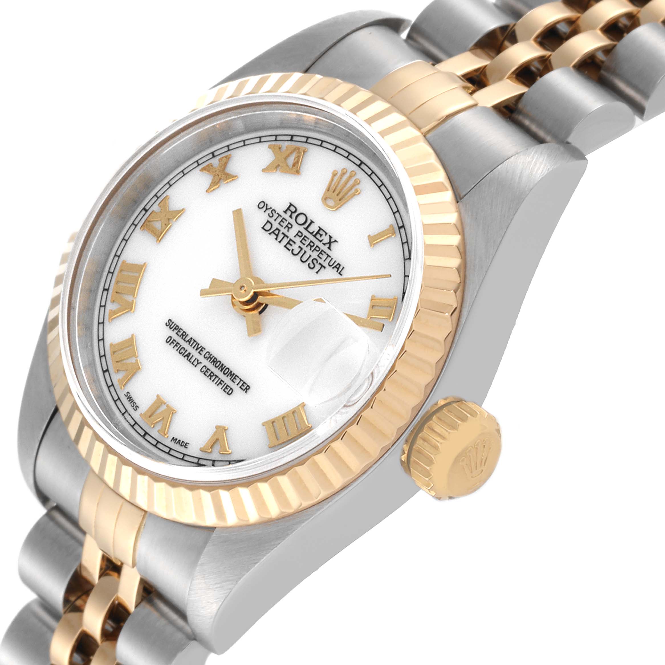 The image shows a close-up side angle of a Rolex Datejust 79173 Women's Steel and Gold (two tone) White Dial 79173 Women's Steel and Gold (two tone) White Dial watch, highlighting the face, bezel, crown, and part of the bracelet.