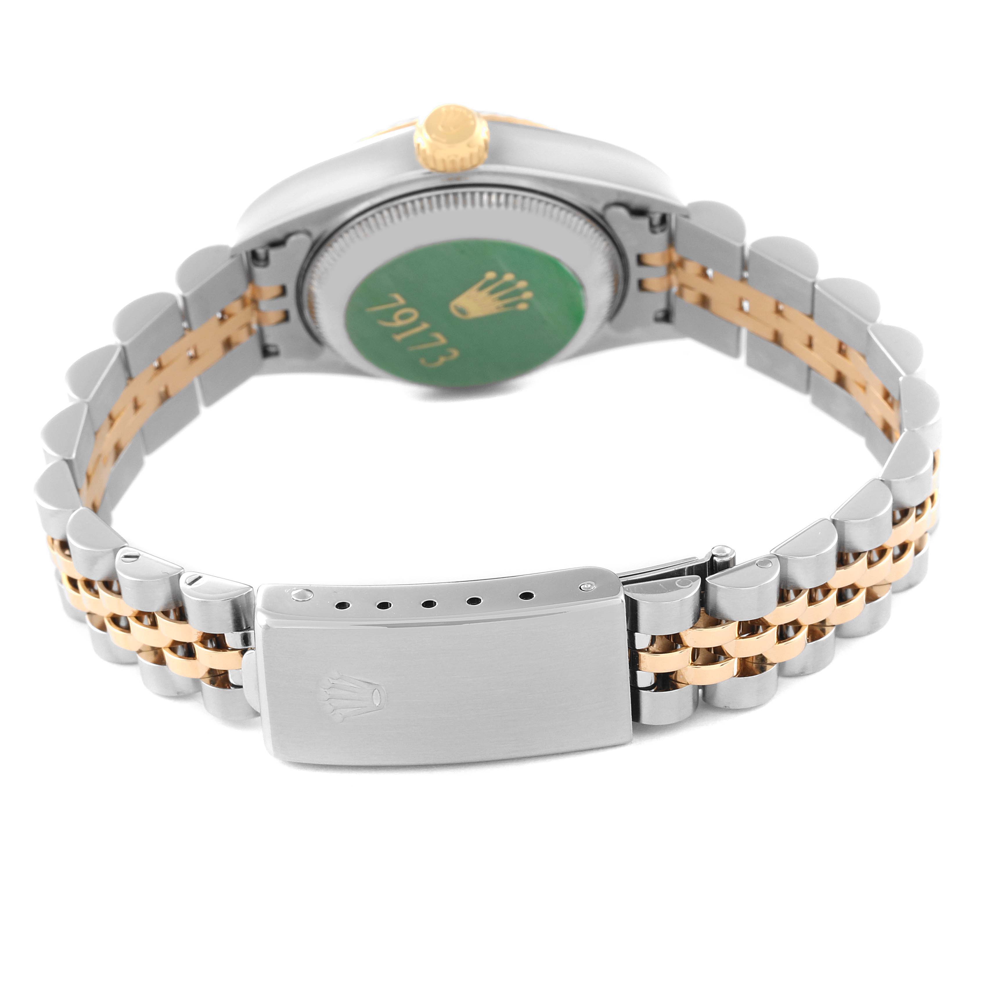 The image shows the back of a Rolex Datejust 79173 Women's Steel and Gold (two tone) White Dial 79173 Women's Steel and Gold (two tone) White Dial watch, including the clasp and part of the bracelet in silver and gold.