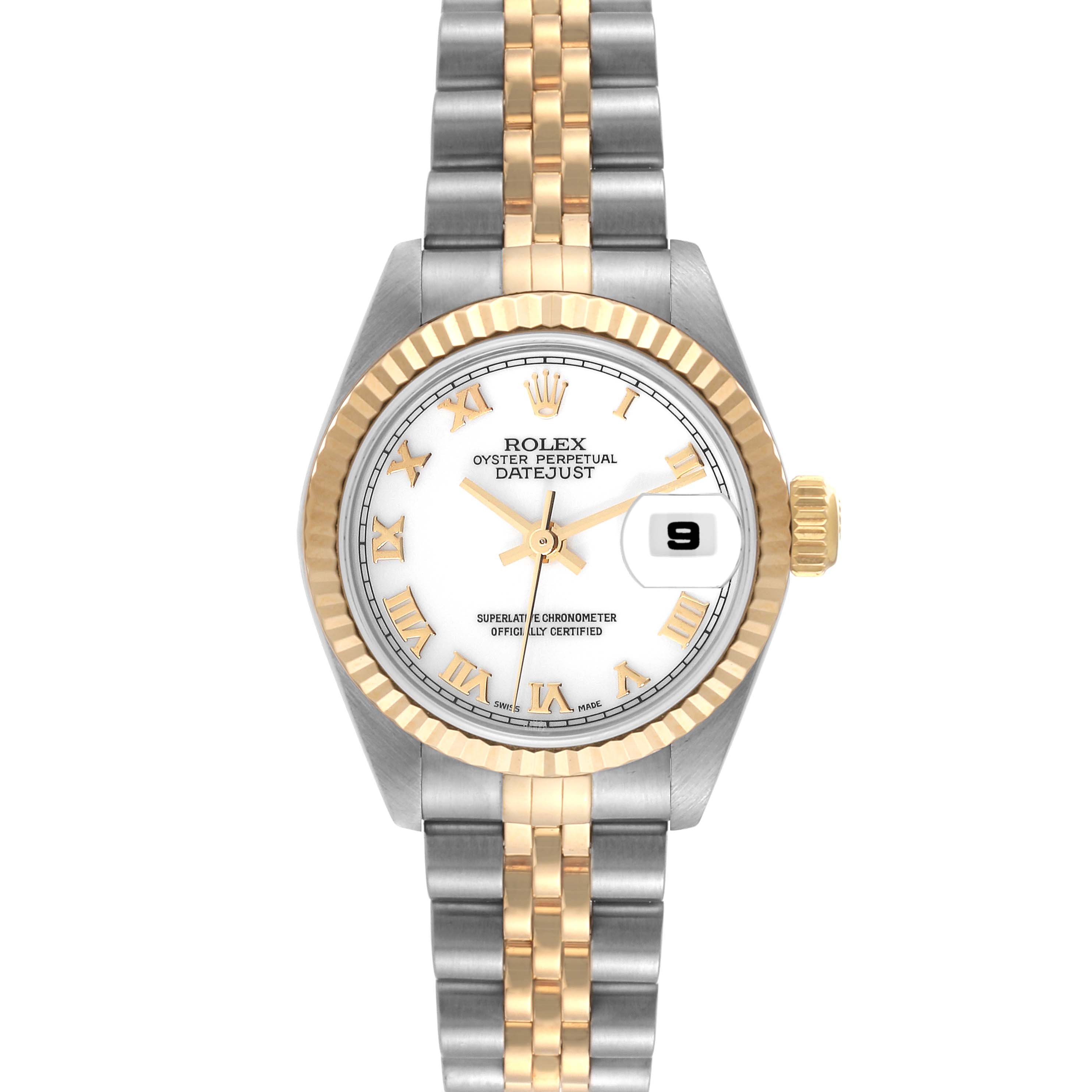 This is a front-facing view of the Rolex Datejust 79173 Women's Steel and Gold (two tone) White Dial 79173 Women's Steel and Gold (two tone) White Dial, showing the watch face, bezel, crown, and Jubilee bracelet.