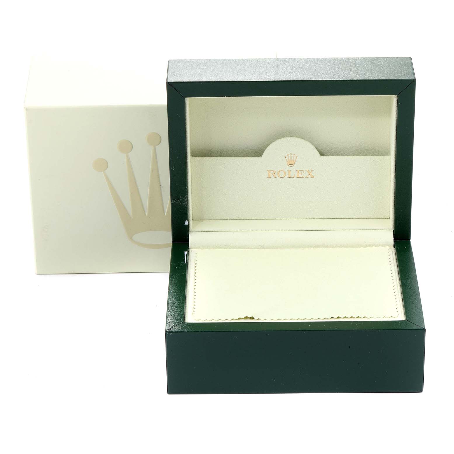 This image shows an open Rolex Explorer 114270 Men
s Stainless Steel Black Dial 114270 Men
s Stainless Steel Black Dial watch box and its packaging, viewed from the front.