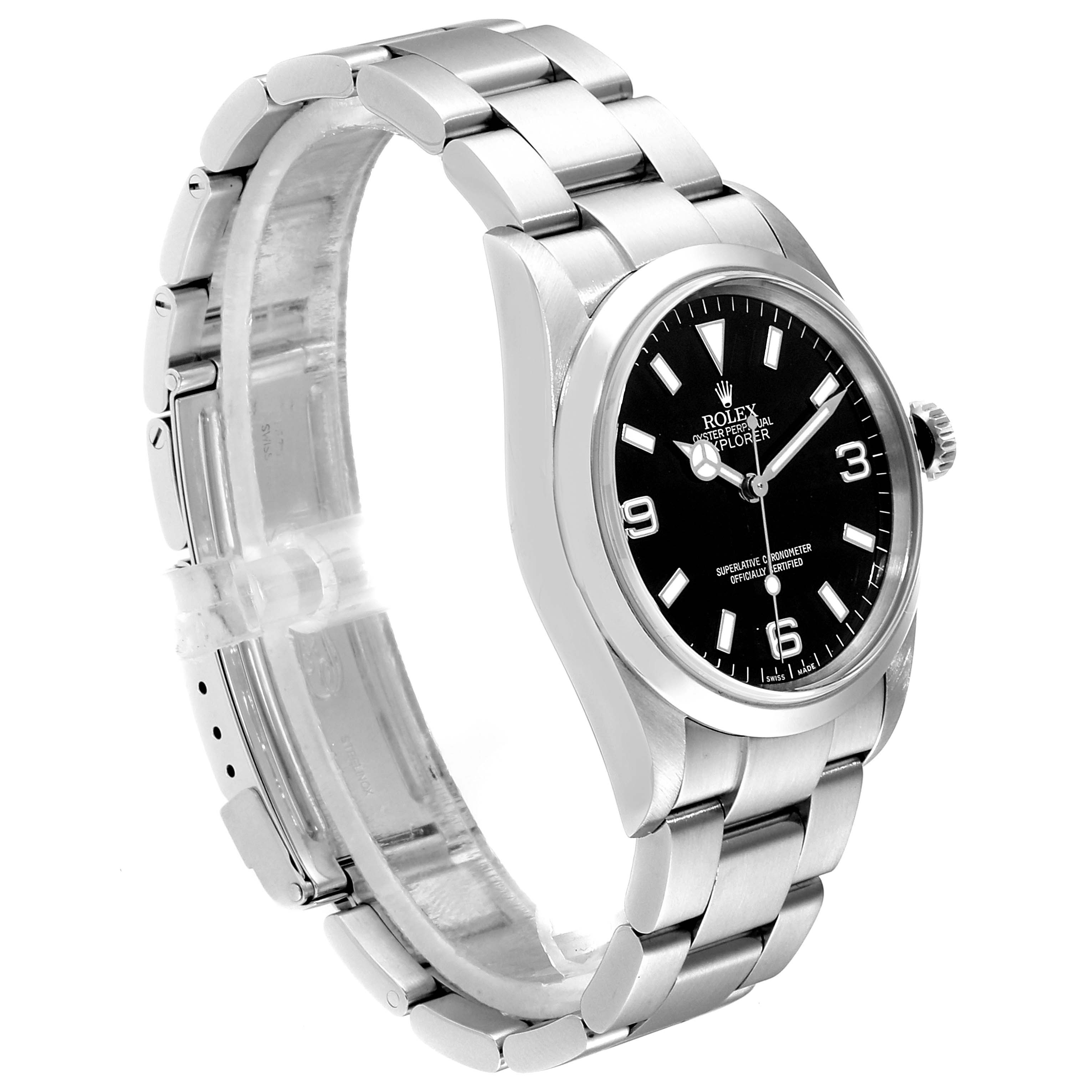 The image shows a side angle of a Rolex Explorer 114270 Men
s Stainless Steel Black Dial 114270 Men
s Stainless Steel Black Dial watch, highlighting its face, bezel, crown, and bracelet.