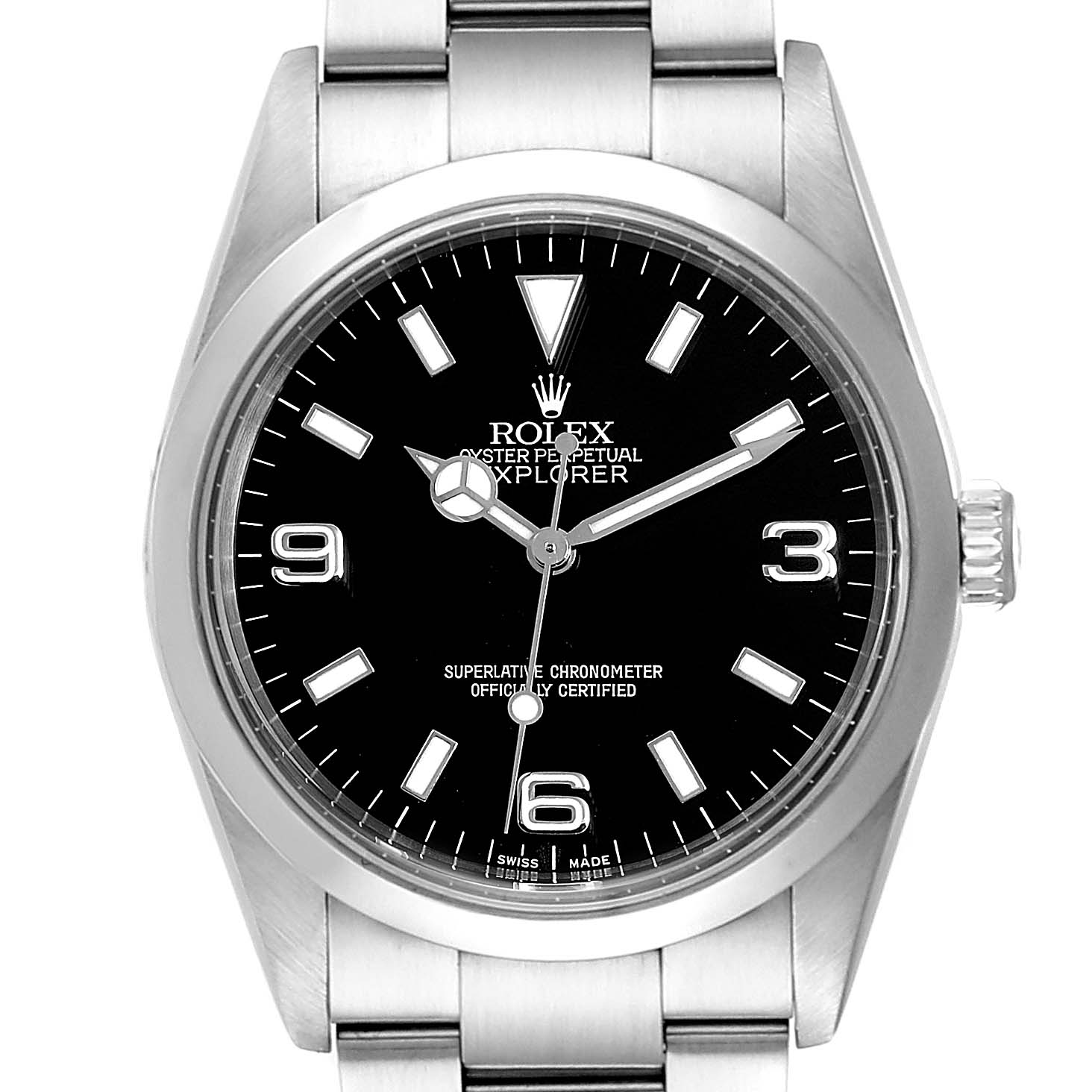 The image displays a front view of a Rolex Explorer 114270 Men
s Stainless Steel Black Dial 114270 Men
s Stainless Steel Black Dial watch, highlighting its dial and part of its bracelet.