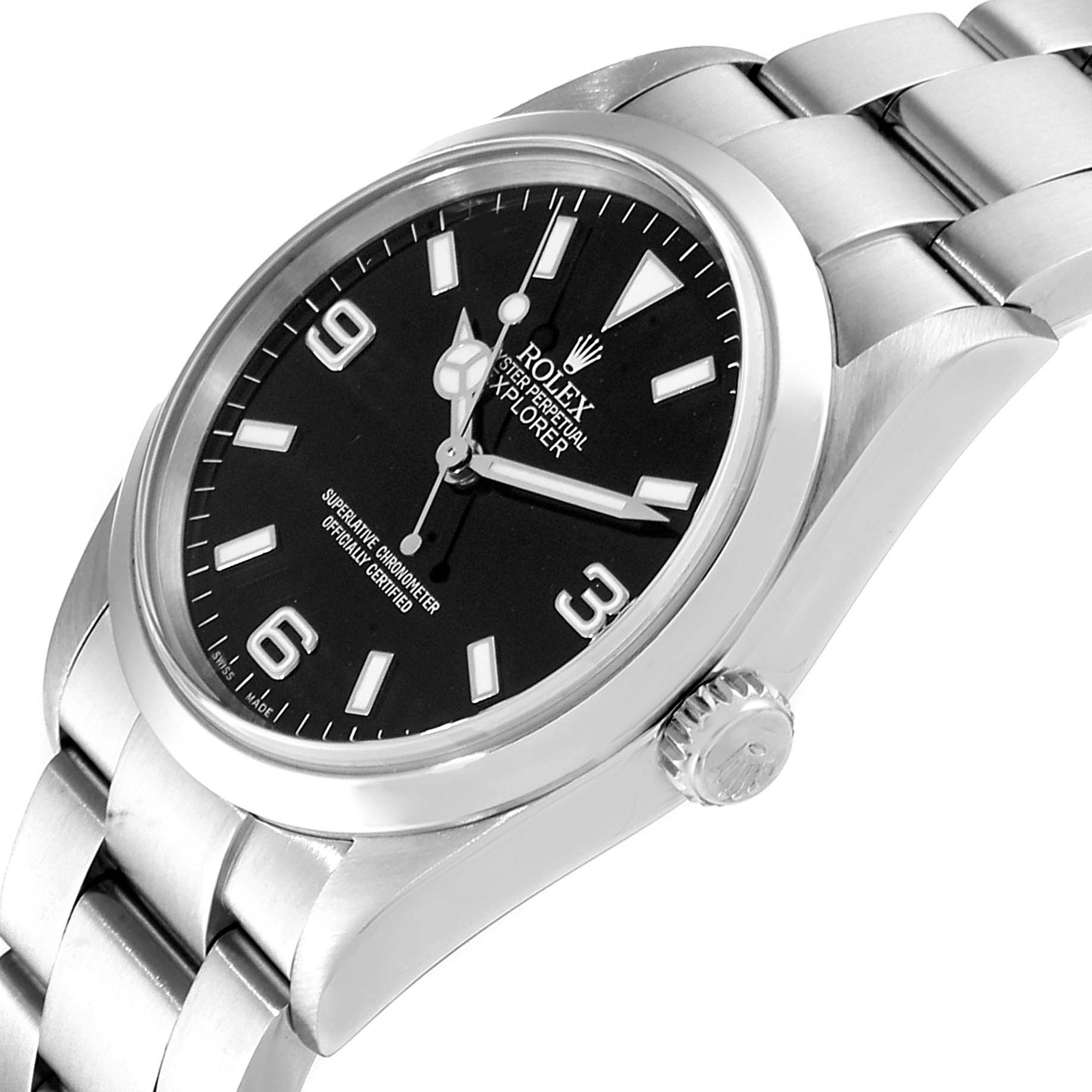 The image shows a side-angle view of a Rolex Explorer 114270 Men
s Stainless Steel Black Dial 114270 Men
s Stainless Steel Black Dial watch, highlighting the black dial, bracelet, and crown.