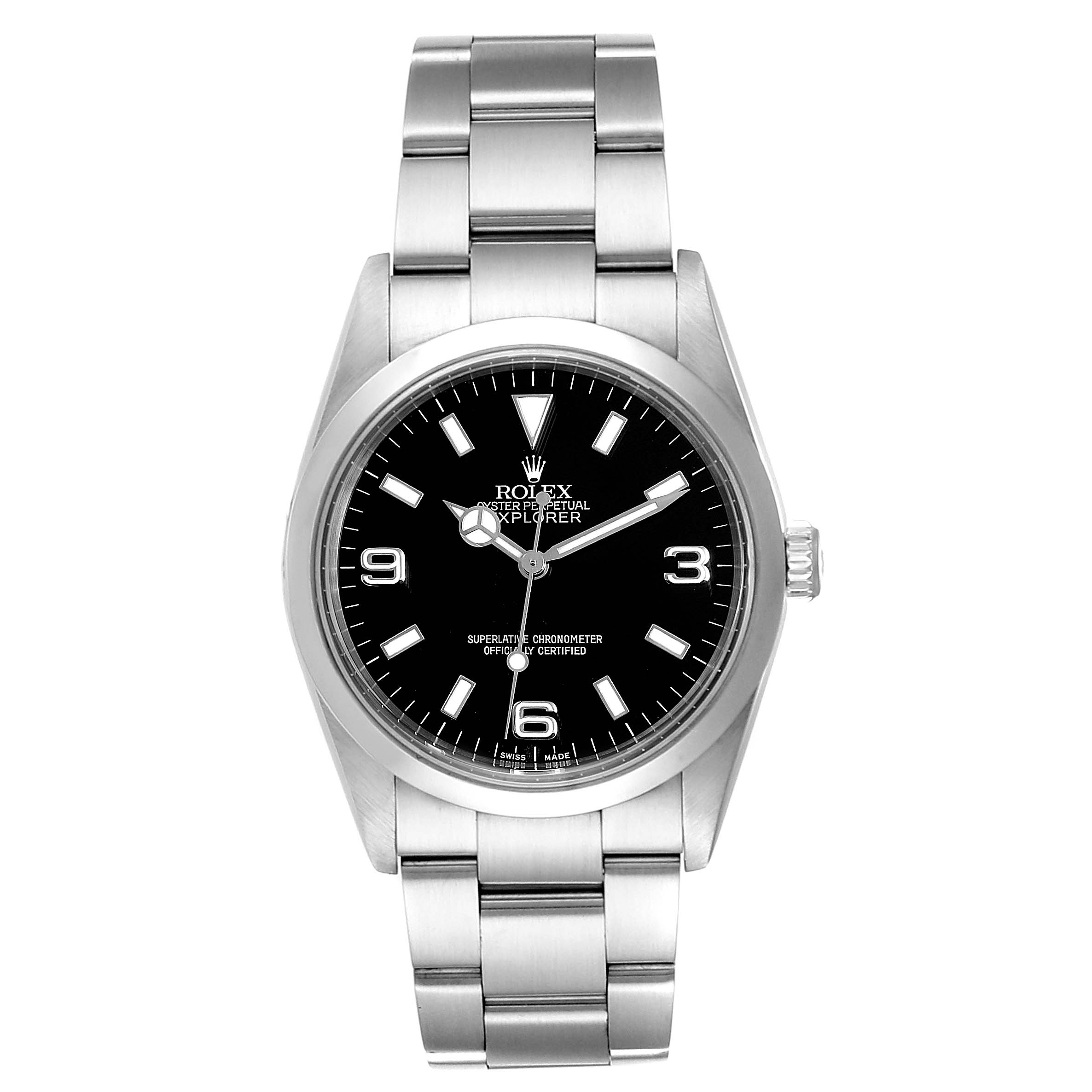 The image shows a frontal view of the Rolex Explorer 114270 Men
s Stainless Steel Black Dial 114270 Men
s Stainless Steel Black Dial watch, displaying the dial, bezel, and bracelet.