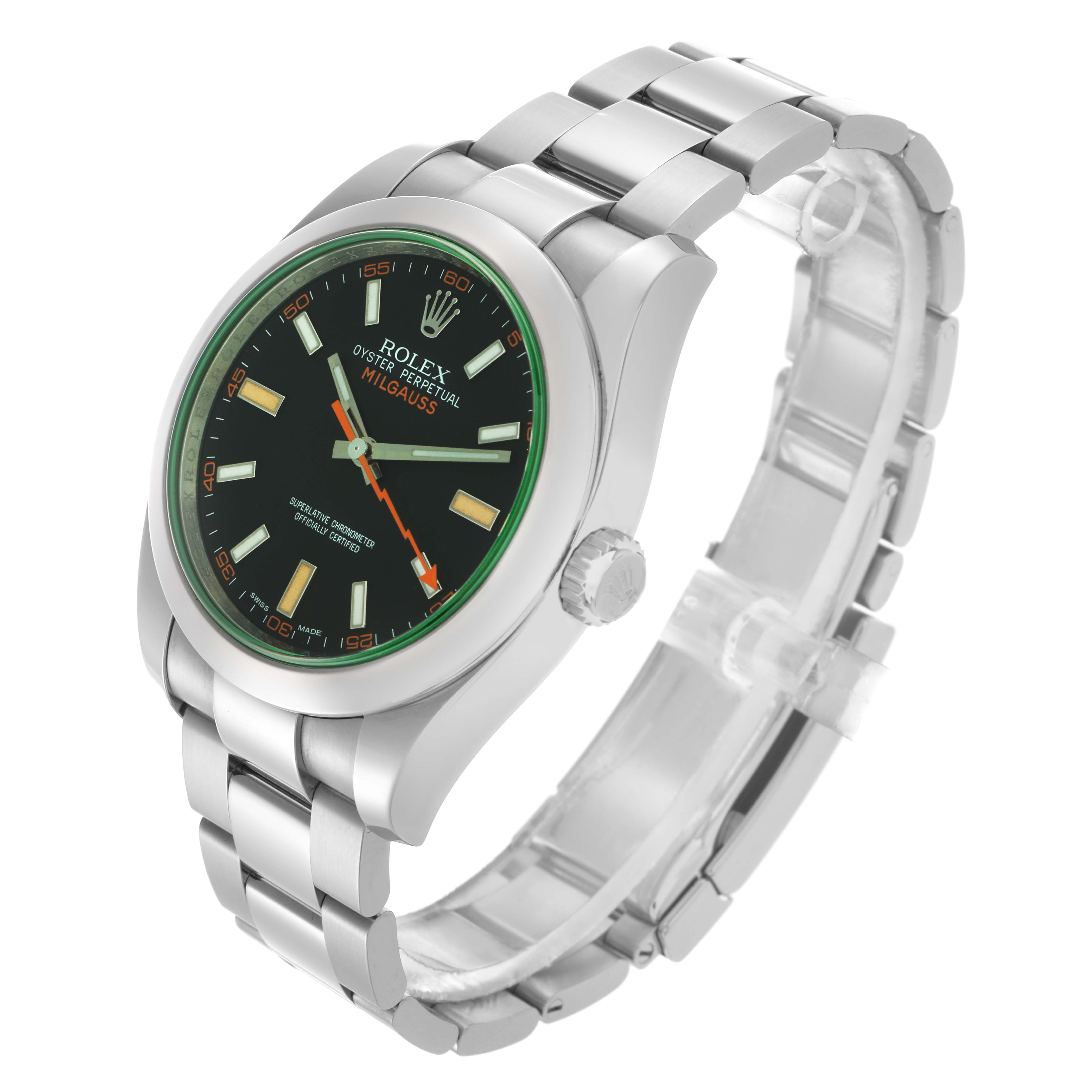 The Rolex Milgauss 116400GV Men
s Stainless Steel Black Dial 116400GV Men
s Stainless Steel Black Dial watch is shown at an angled view, highlighting the face, bezel, crown, and bracelet.