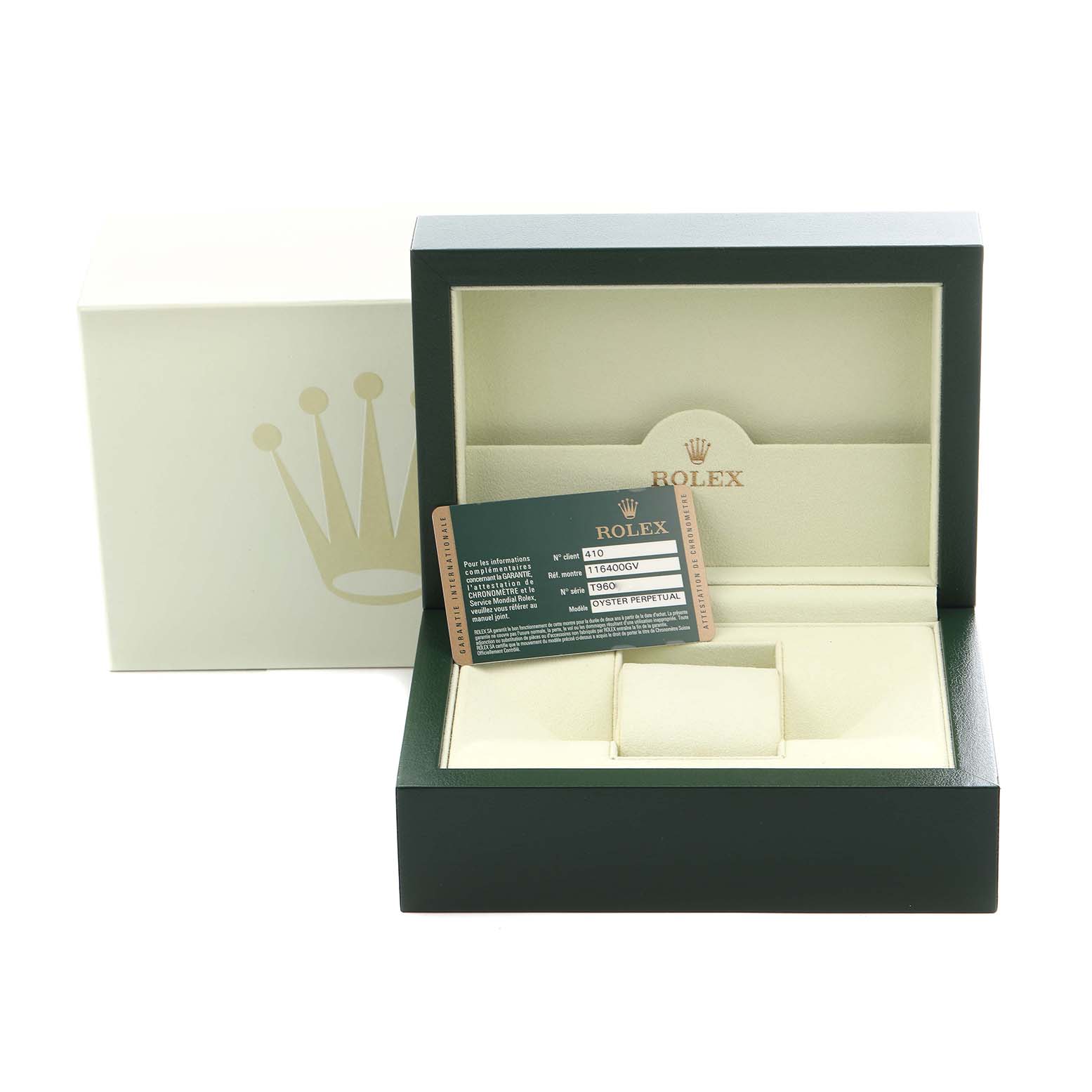 The image shows an open Rolex Milgauss 116400GV Men
s Stainless Steel Black Dial 116400GV Men
s Stainless Steel Black Dial watch box with an Best Quality
ity card inside.