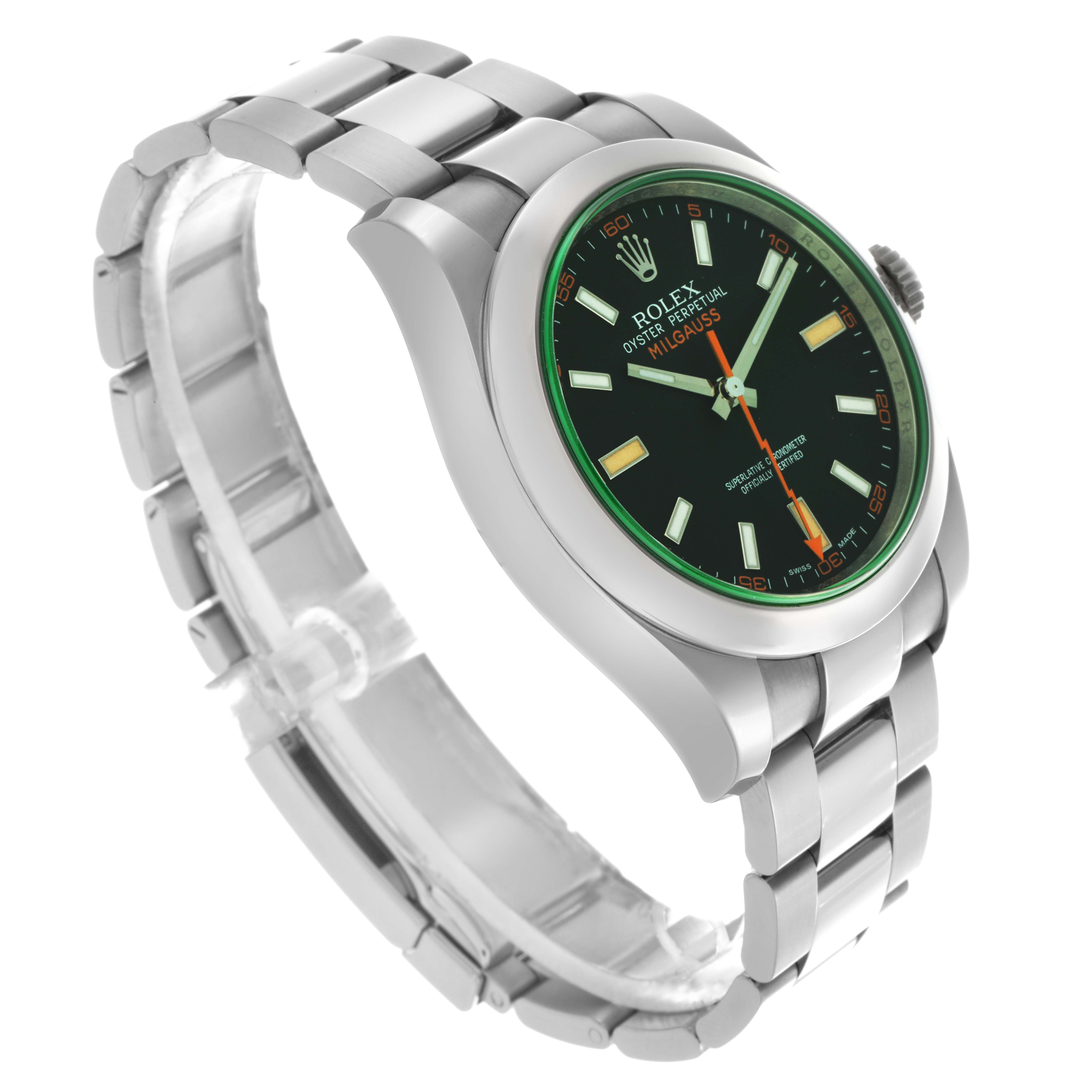 The Rolex Milgauss 116400GV Men
s Stainless Steel Black Dial 116400GV Men
s Stainless Steel Black Dial watch is shown at a three-quarter angle displaying the face, bezel, and bracelet.