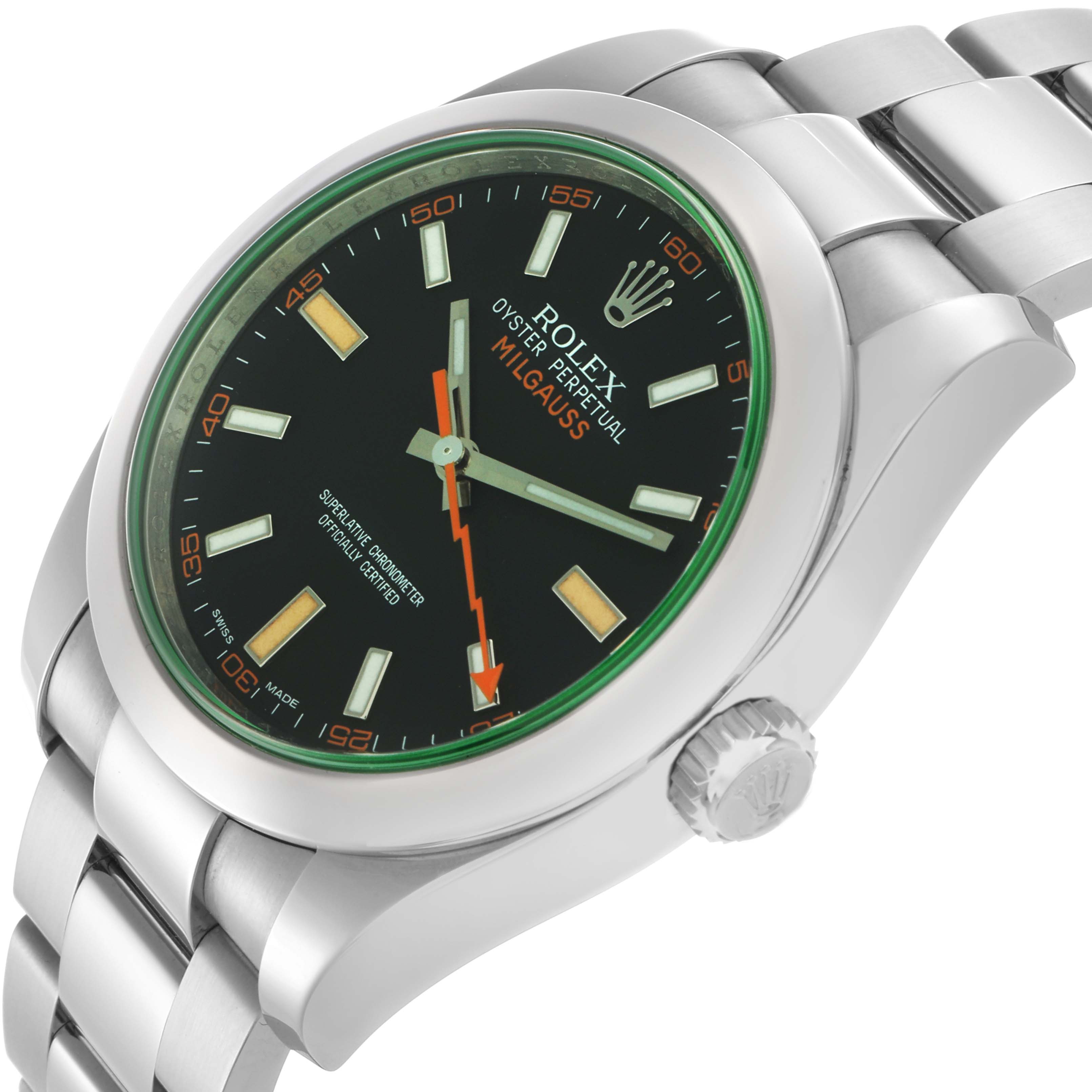 The Rolex Milgauss 116400GV Men
s Stainless Steel Black Dial 116400GV Men
s Stainless Steel Black Dial watch is shown at an angled side view, displaying the face, bezel, case, and bracelet.