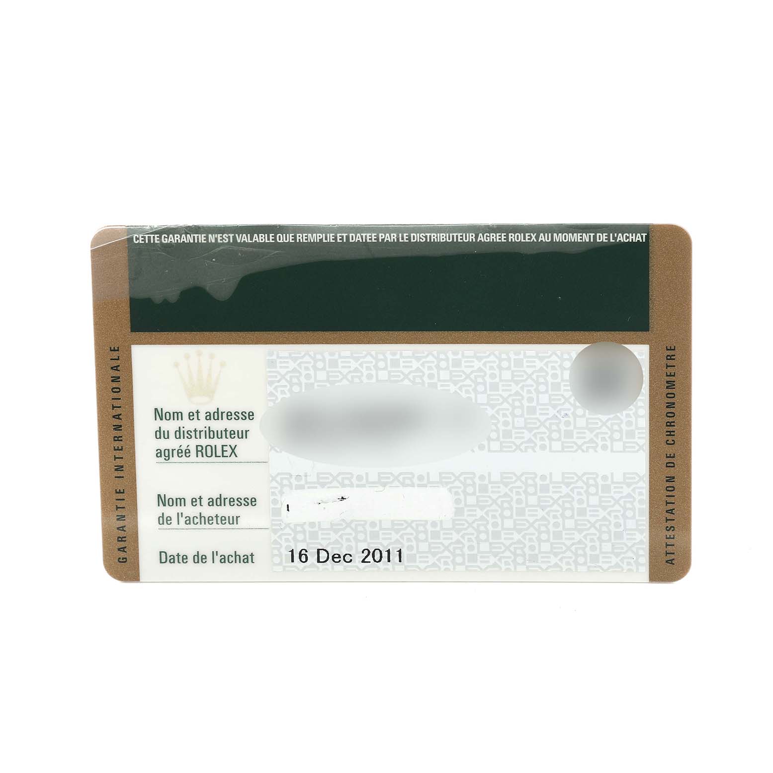 The image shows a Rolex warranty card for the Milgauss model with purchase details and dealer information.