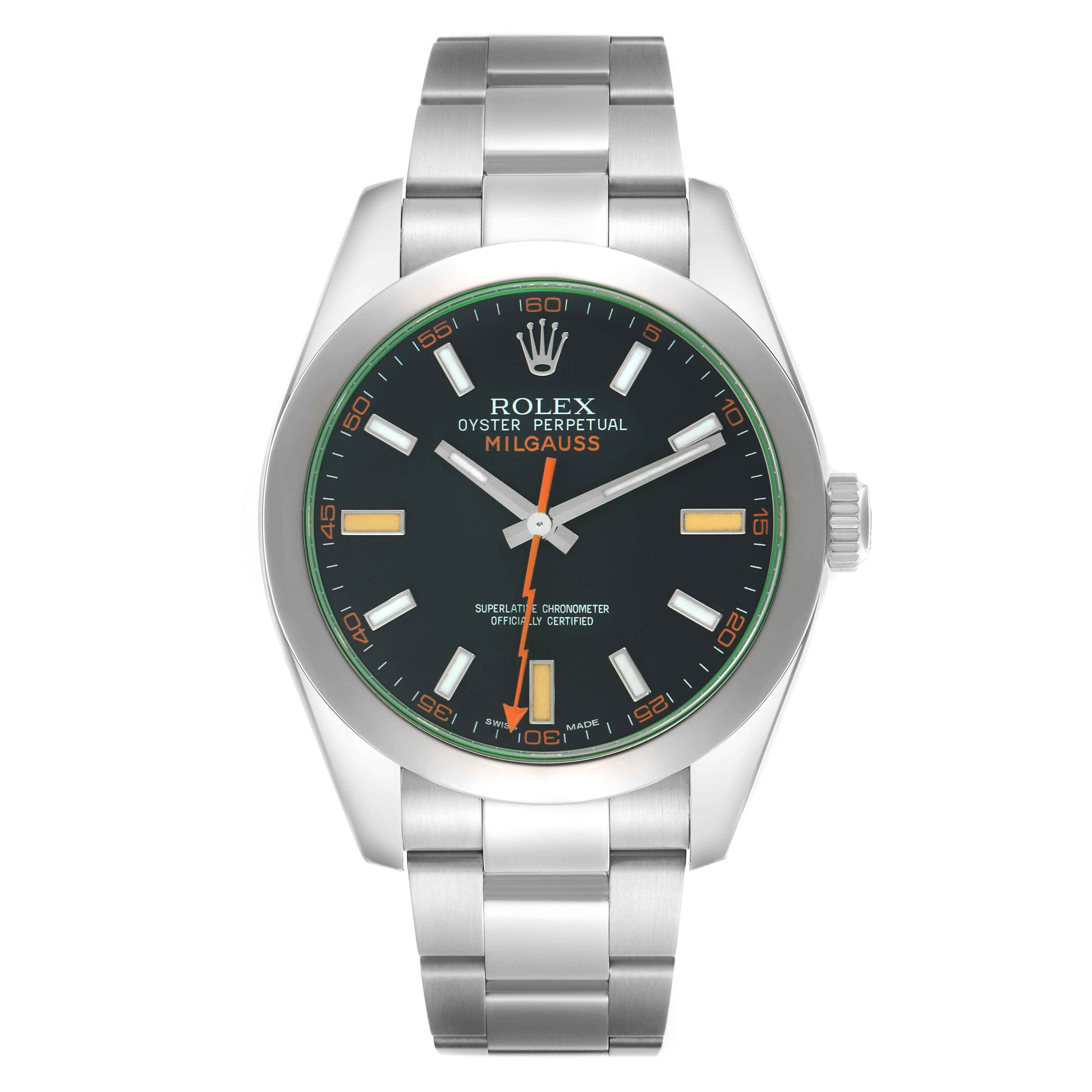 The Rolex Milgauss 116400GV Men
s Stainless Steel Black Dial 116400GV Men
s Stainless Steel Black Dial watch is shown from a front angle, displaying the face, bezel, crown, and bracelet.