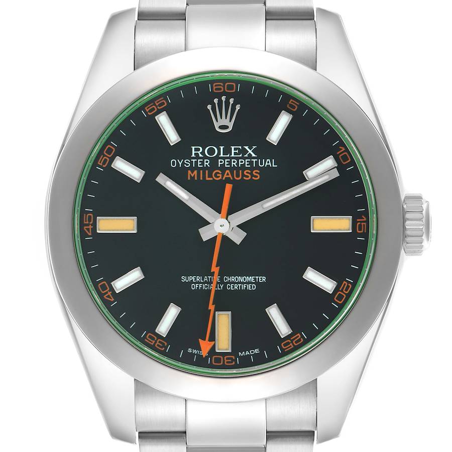 The image shows a front view of a Rolex Milgauss watch, highlighting the dial, bezel, and bracelet.