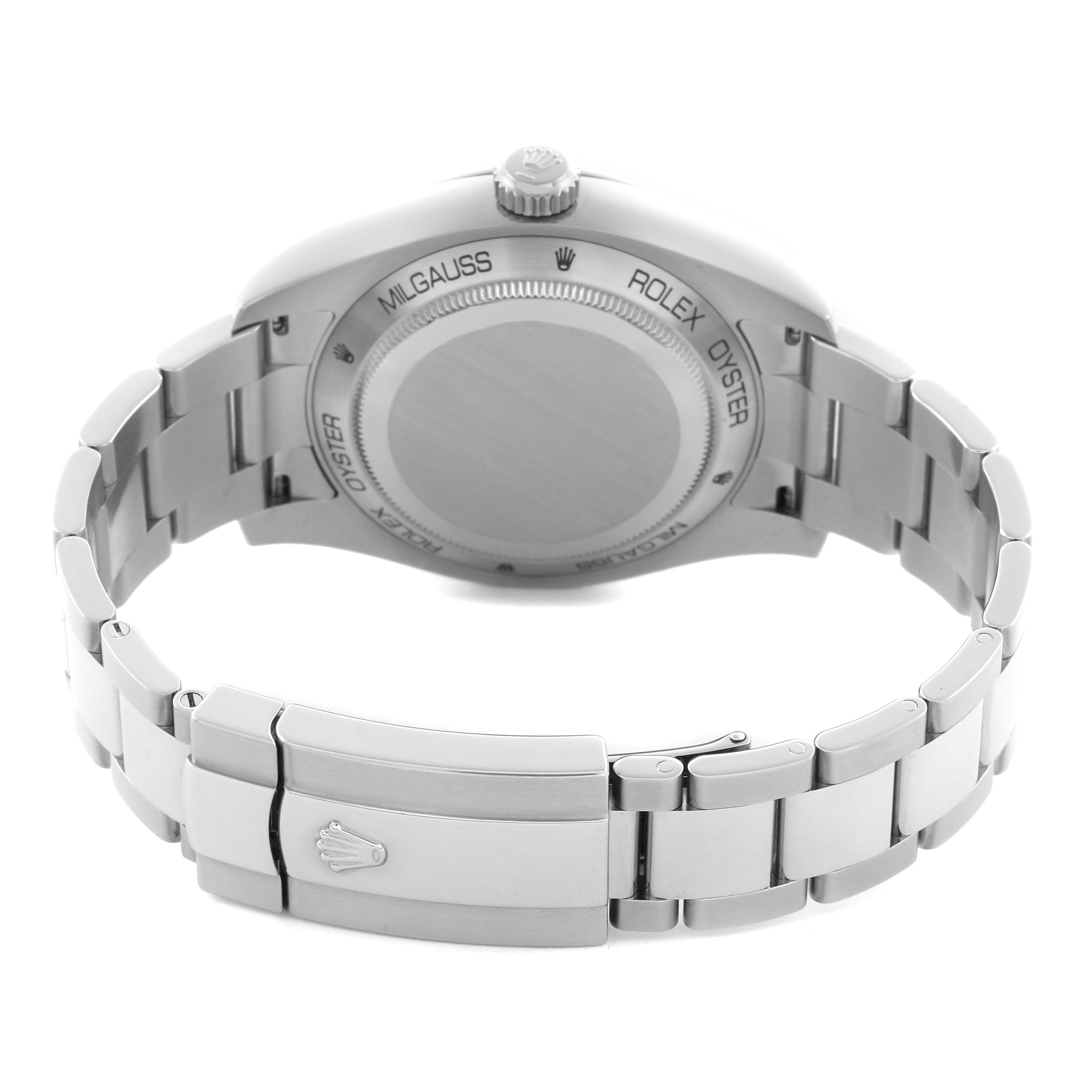 The image shows the back view of a Rolex Milgauss 116400GV Men
s Stainless Steel Black Dial 116400GV Men
s Stainless Steel Black Dial watch, highlighting the case back, crown, and bracelet clasp.
