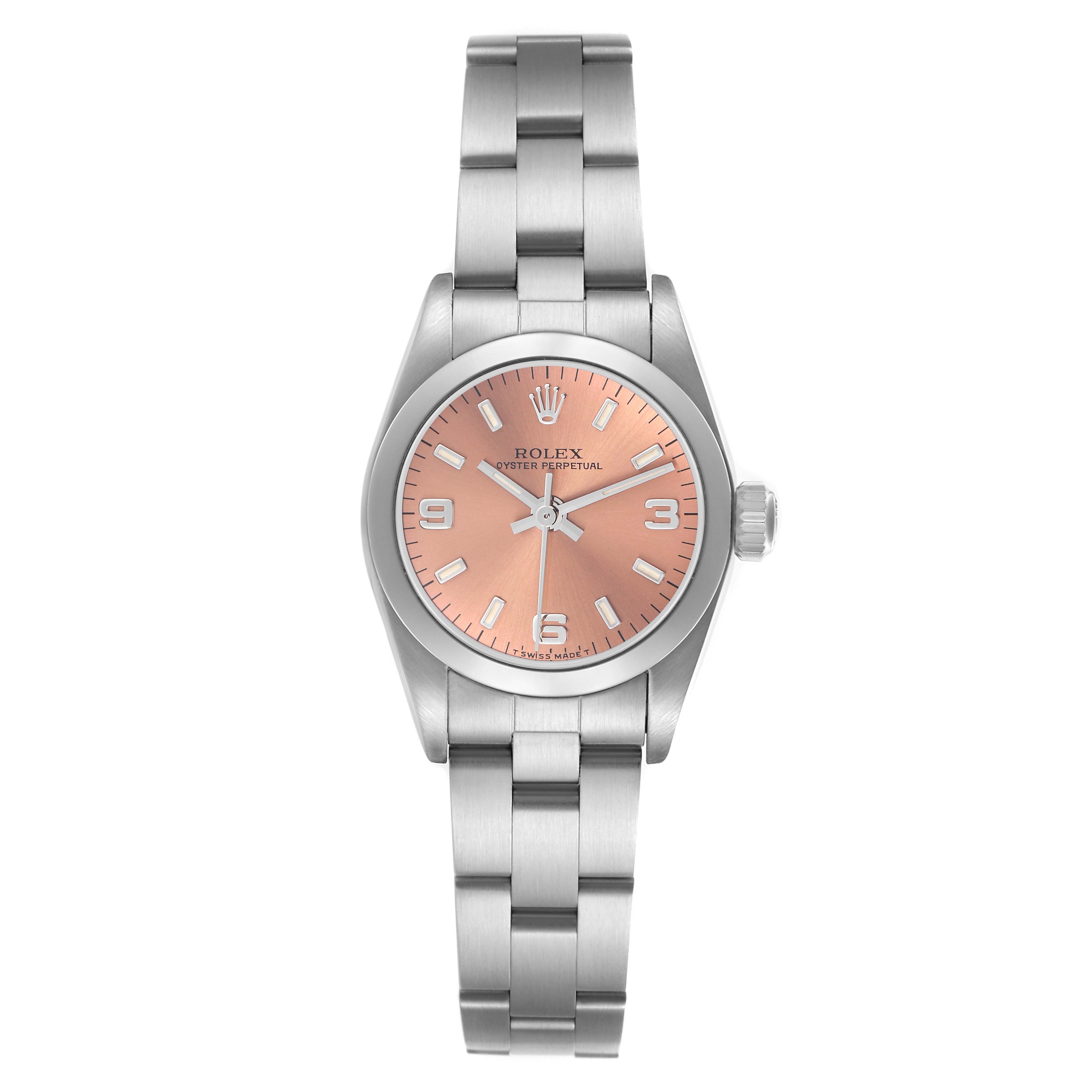 The Rolex Oyster Perpetual 67180 Women's Stainless Steel Pink Dial 67180 Women's Stainless Steel Pink Dial watch is shown from a top-down angle, displaying its face, bezel, bracelet, and crown.
