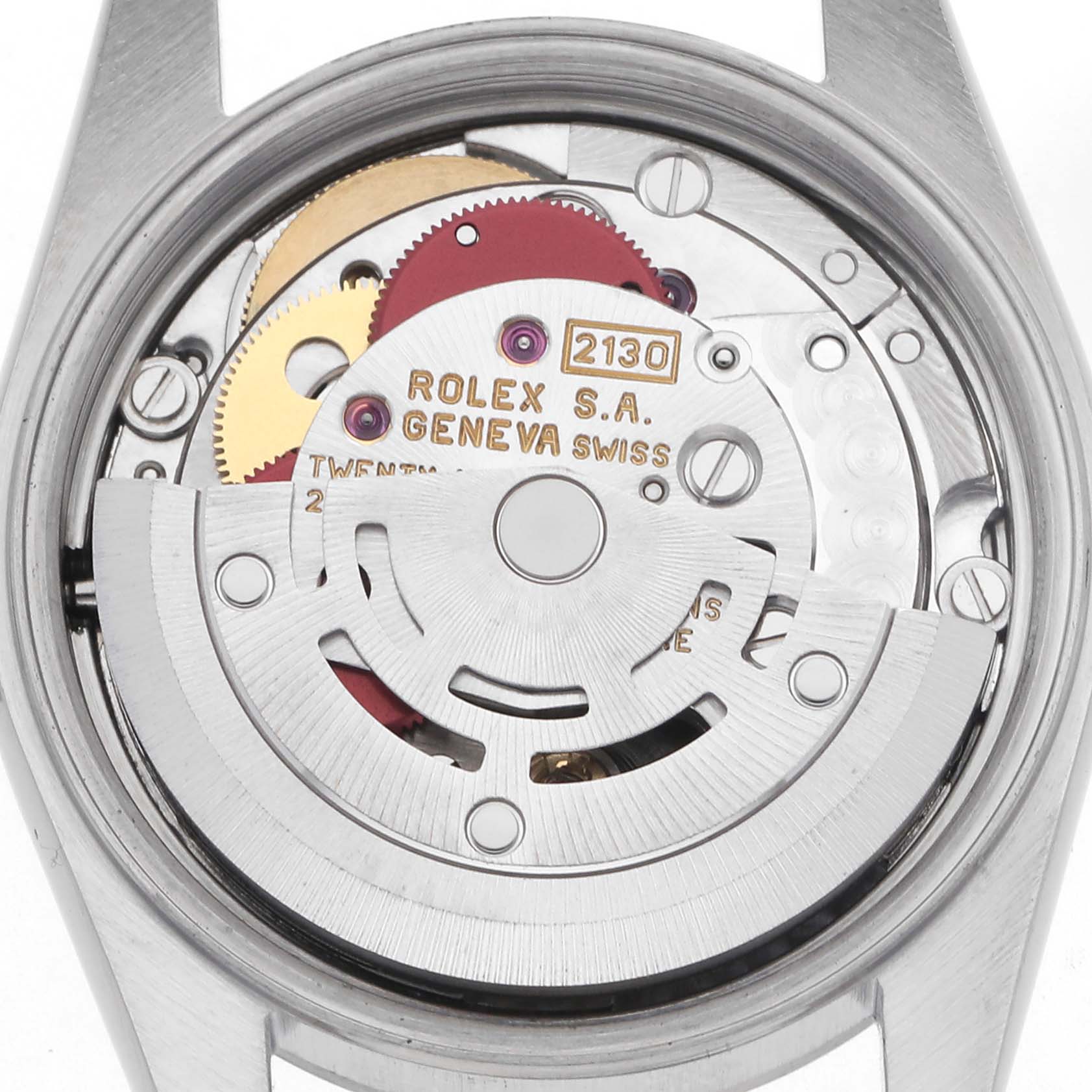 The image shows a close-up, top-down view of the movement inside a Rolex Oyster Perpetual 67180 Women's Stainless Steel Pink Dial 67180 Women's Stainless Steel Pink Dial watch, highlighting gears and the rotor.