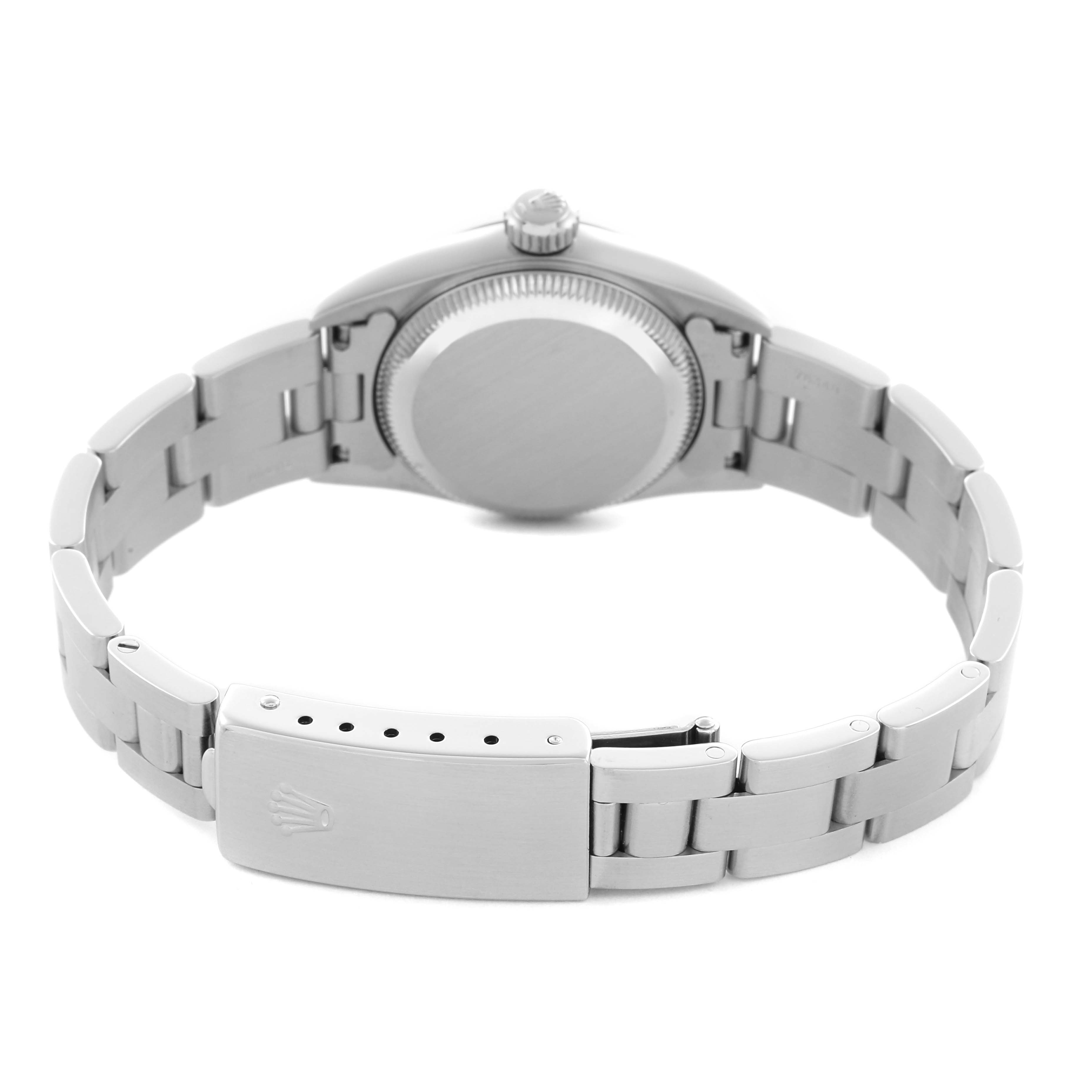 The image shows the back and clasp of a Rolex Oyster Perpetual 67180 Women's Stainless Steel Pink Dial 67180 Women's Stainless Steel Pink Dial watch with its bracelet fully visible.