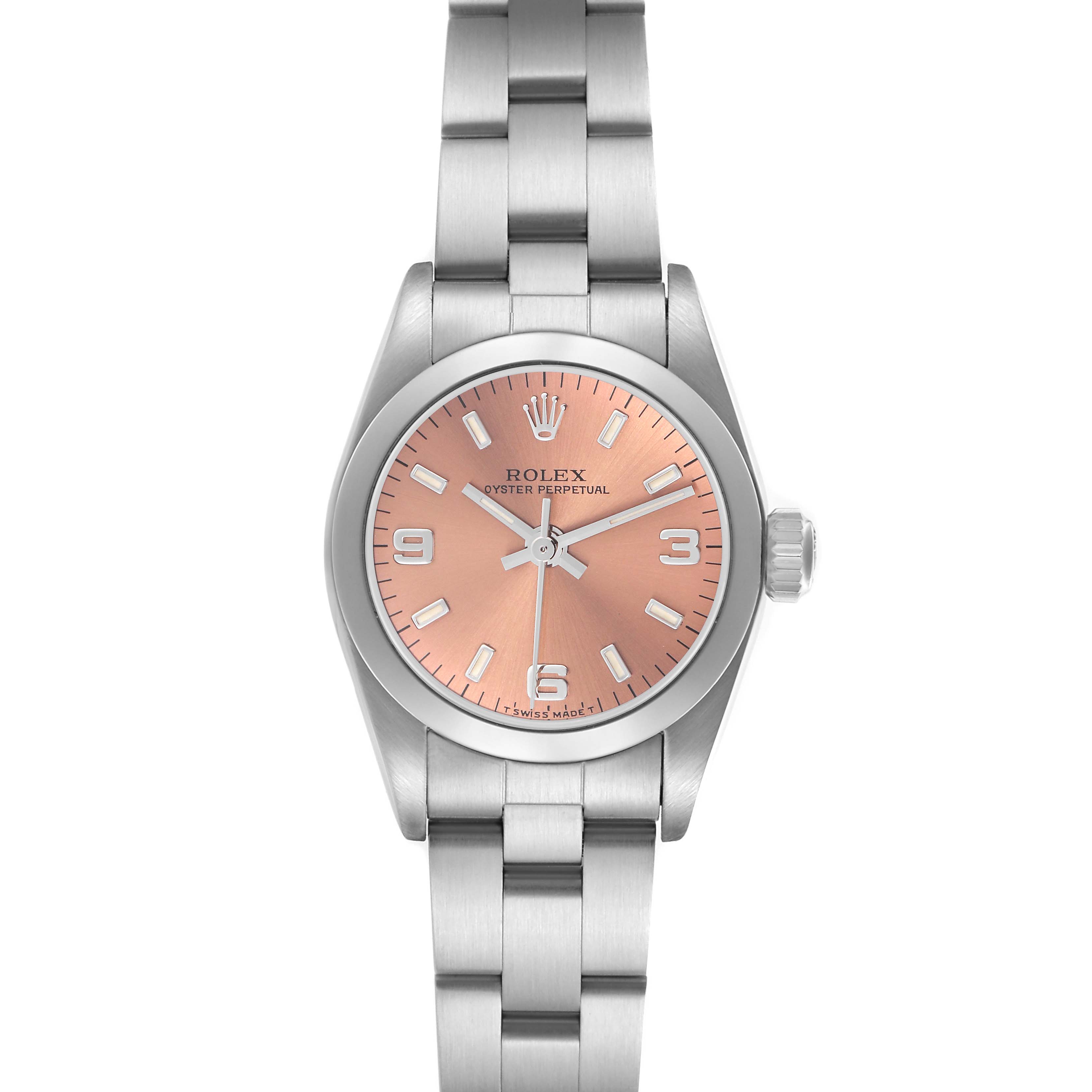The Rolex Oyster Perpetual 67180 Women's Stainless Steel Pink Dial 67180 Women's Stainless Steel Pink Dial watch is shown from the front, highlighting the dial, bezel, crown, and part of the bracelet.
